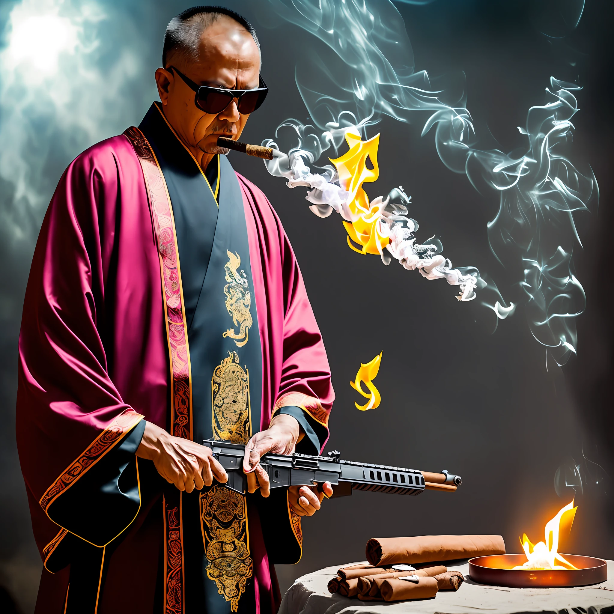 a striking depiction of a Taoist priest performing a ritual at an altar while wearing sunglasses, a Taoist robe, and smoking a cigar, while wielding a modern weapon, (mysterious atmosphere:1.4), (unusual concept:1.3), (powerful presence:1.2), (modern firearms:1.1), (intriguing composition:1.3), (Taoist priest:1.2), (deadly weapons:1.1), (eye-catching imagery:1.3), (sunglasses:1.2), (cutting-edge technology:1.1), (commanding character:1.3), (Taoist robe:1.2), (state-of-the-art gear:1.1), (spiritual energy:1.3), (modern assault rifles:1.2), (smoking cigar:1.1), (powerful symbolism:1.3), (altar:1.2), (modern sniper rifles:1.1), (unexpected twist:1.3), (mysterious expression:1.2), (modern pistols:1.1), (dramatic effect:1.3), (ancient ritual:1.2), (modern submachine guns:1.1), (enigmatic aura:1.3), (ritualistic attire:1.2), (modern shotguns:1.1), (intriguing character:1.3), (spiritual power:1.2), (modern weaponry:1.1) --auto