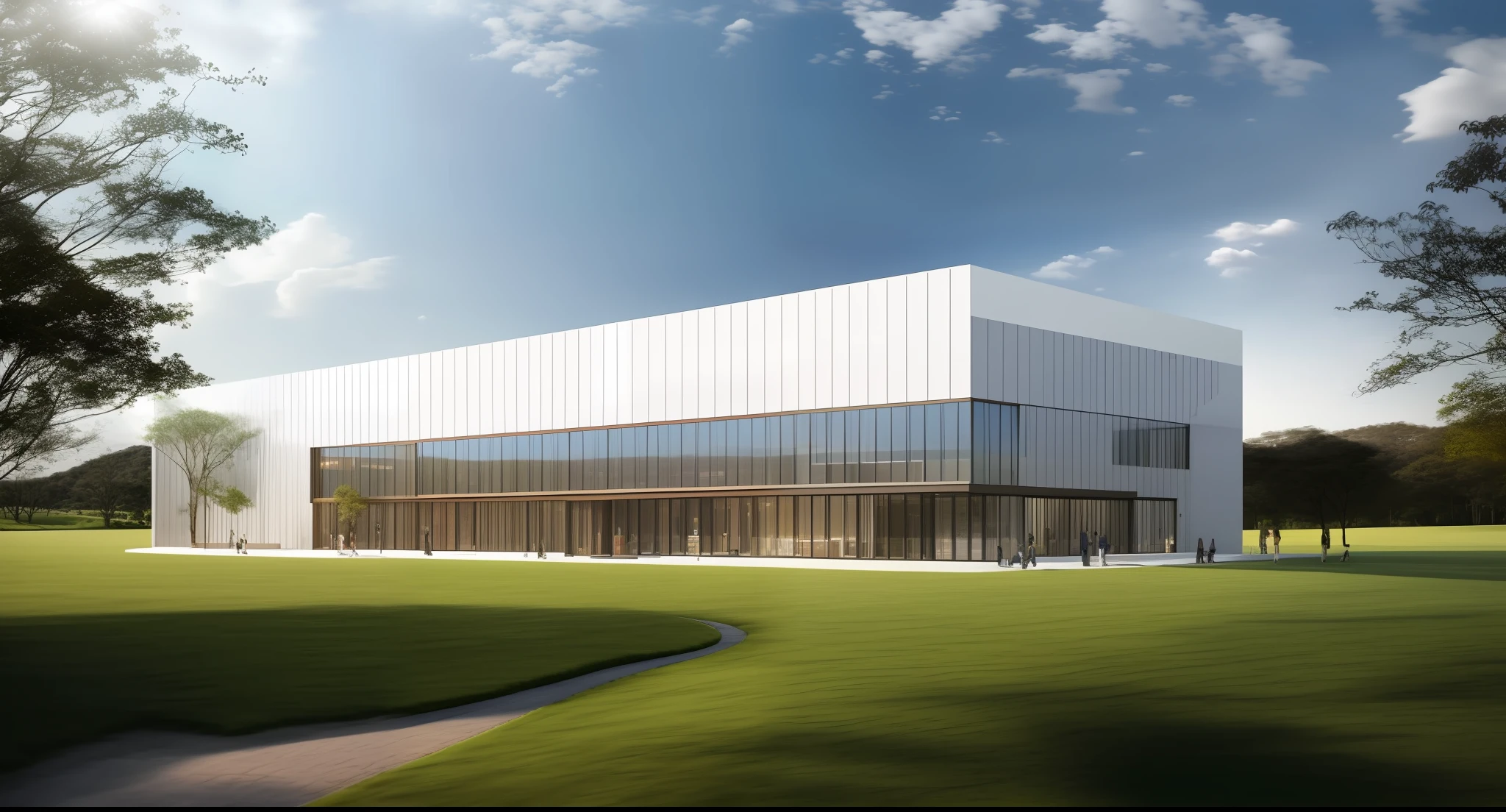 Design a three-storey business clubhouse，Theme in modern style，Create a space full of fashion and luxury。Partial use of glass curtain wall，The exterior paint of the building is gray，Accentuates simplicity and elegance。The first and second floors are designed as exhibition halls，The third floor is the clubhouse room，The weather is sunny，The sun is soft，（master masterpiece），（high quallity），best best quality，（Full details），（16k），out door，perspective view，architectural render，Photorealistic rendering