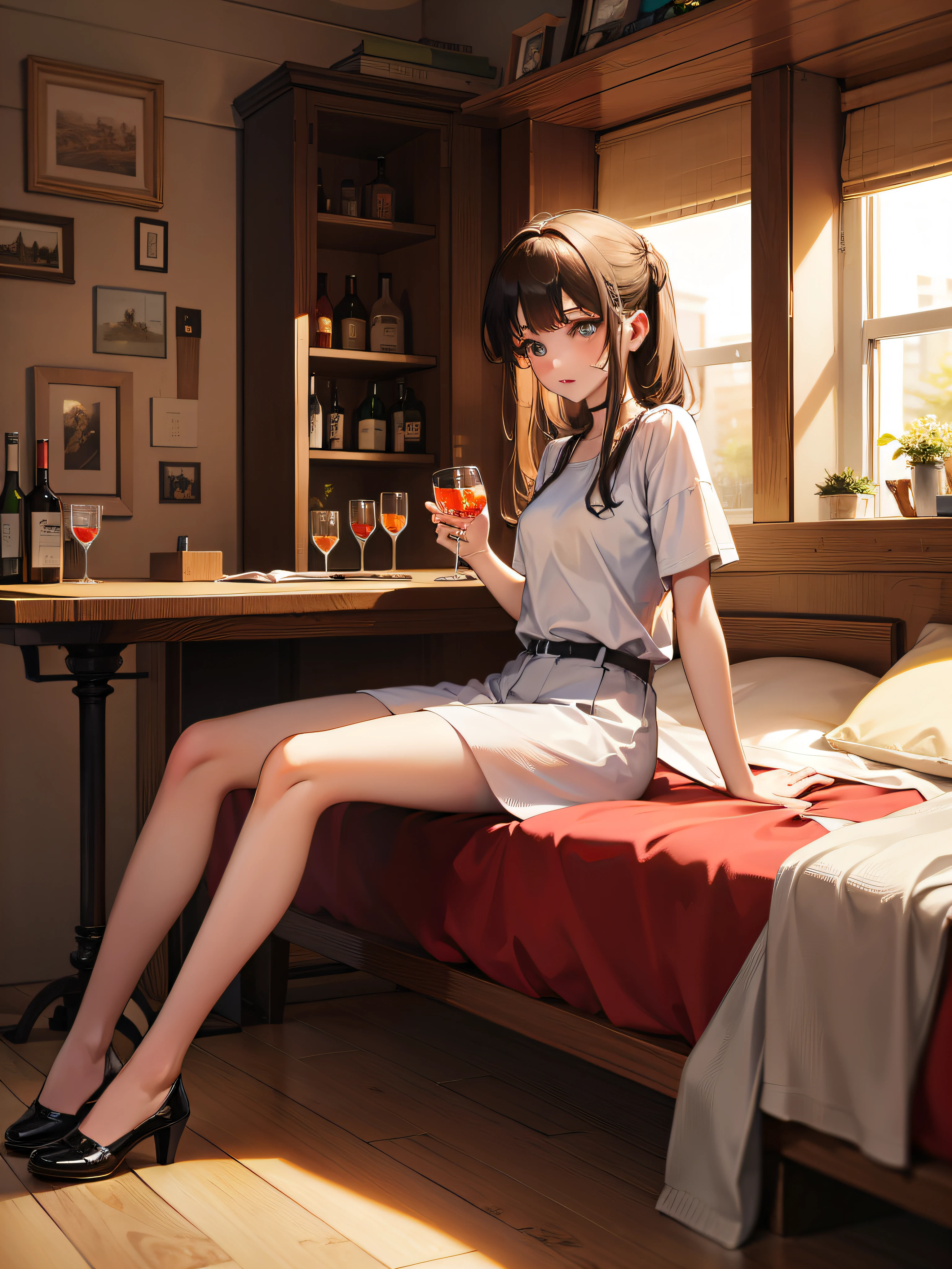 The girl sits on the bed,Drink a glass of unknown liquid