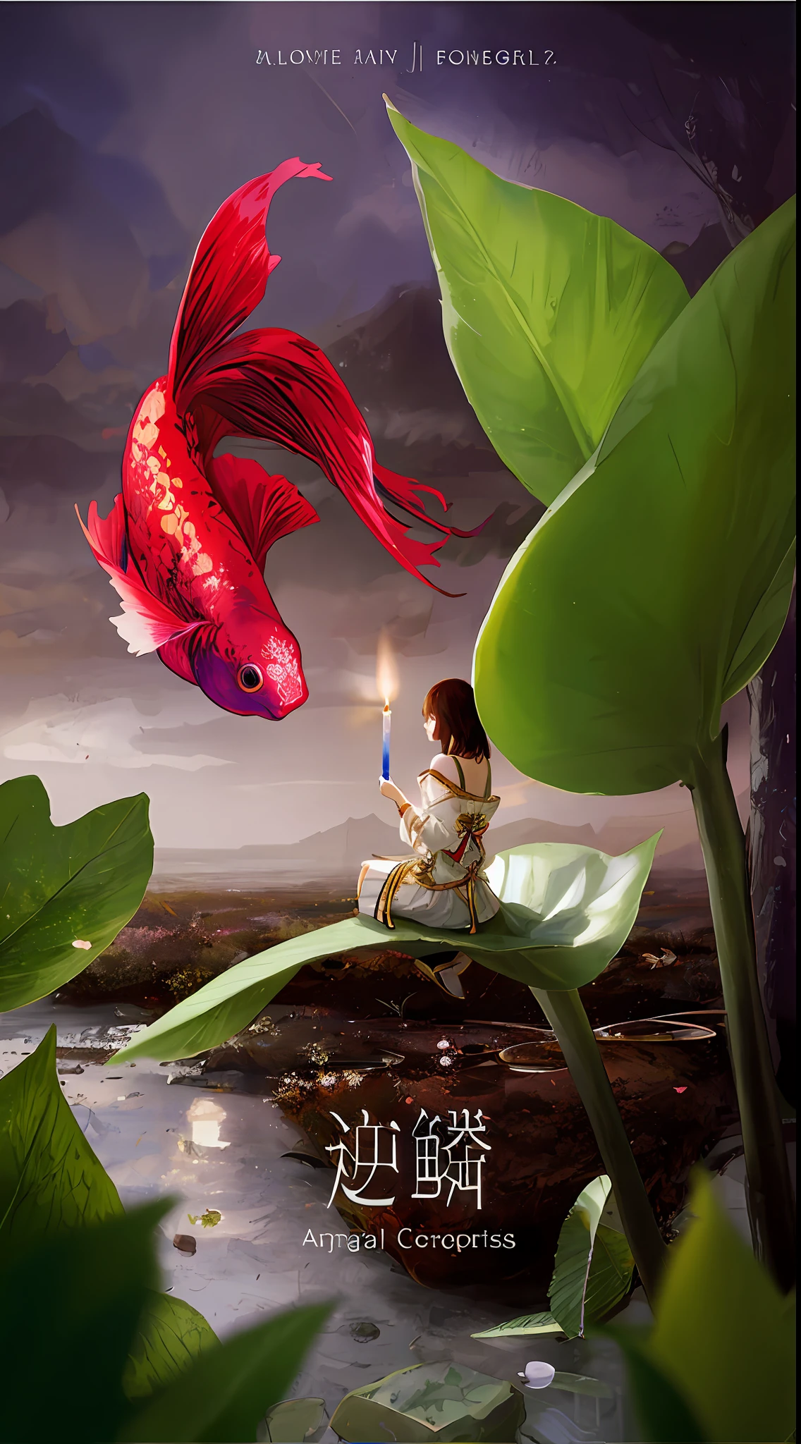 There was a woman sitting on a leaf,Candle in hand, Goldfish float in the air,creative photo manipulation, surrealistic digital artwork, exquisite imaginative poster art,