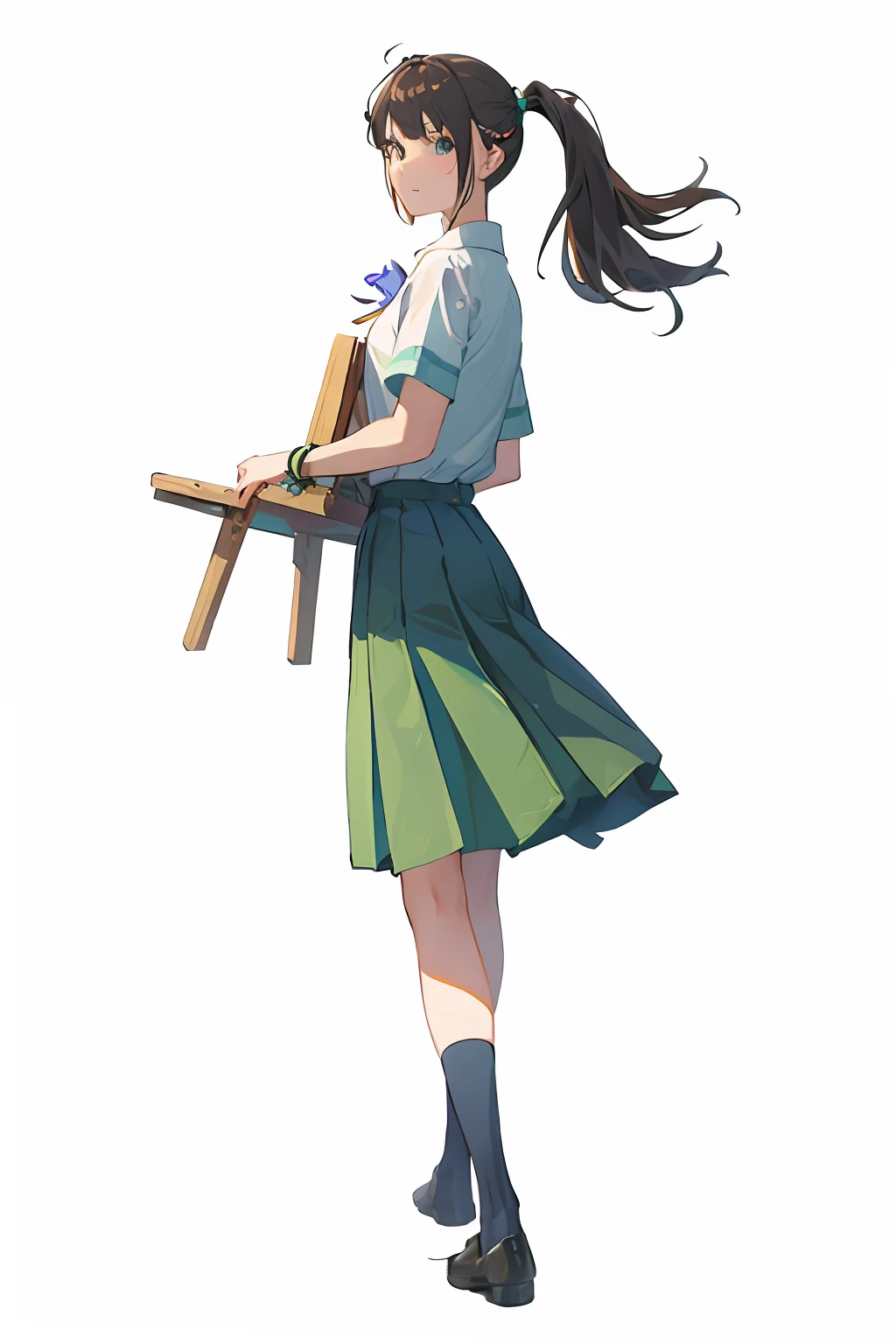 (hdt)(Master paintings)animegirl,Carrying a wooden bench,Green JK skirt,whiteshirt,Bell buds
