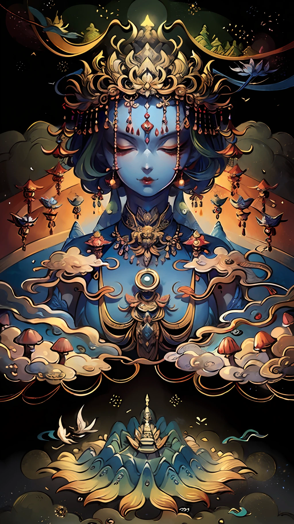 An ancient Chinese painting, ancient Chinese background, mountains, rivers, auspicious clouds, pavilions, sunshine,(psychedelic details),(mushrooms),(rainbow),(trippy),(DMT),(Buddha ),(beautiful face),(pique emotion),(seductive),(seductive breast),(yin and yang),(seductive body),intricate details, more details, high details,masterpieces, super detail, epic composition, ultra HD, high quality, extremely detailed, official art, unified 8k wallpaper, Super detail, 32k -- v 6