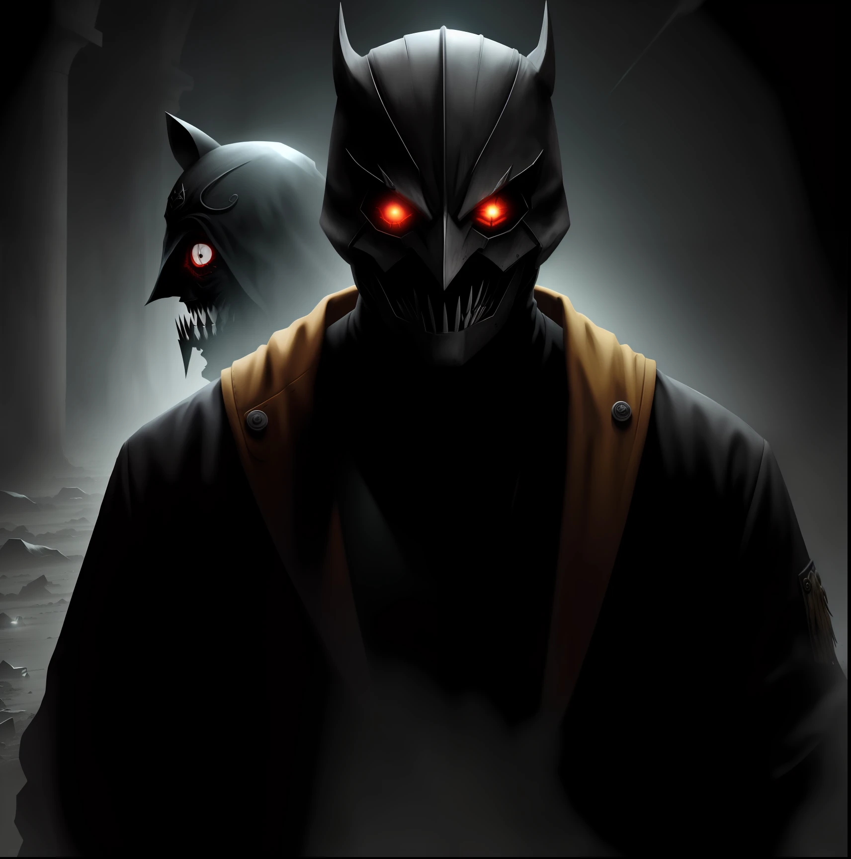 Um mascarado, em um ambiente horripilante, roupas pretas como de um cultista, olhar assombroso, local sombrio, realista, kinematic, 8k, luz ambiente, horror, terror. --v 4