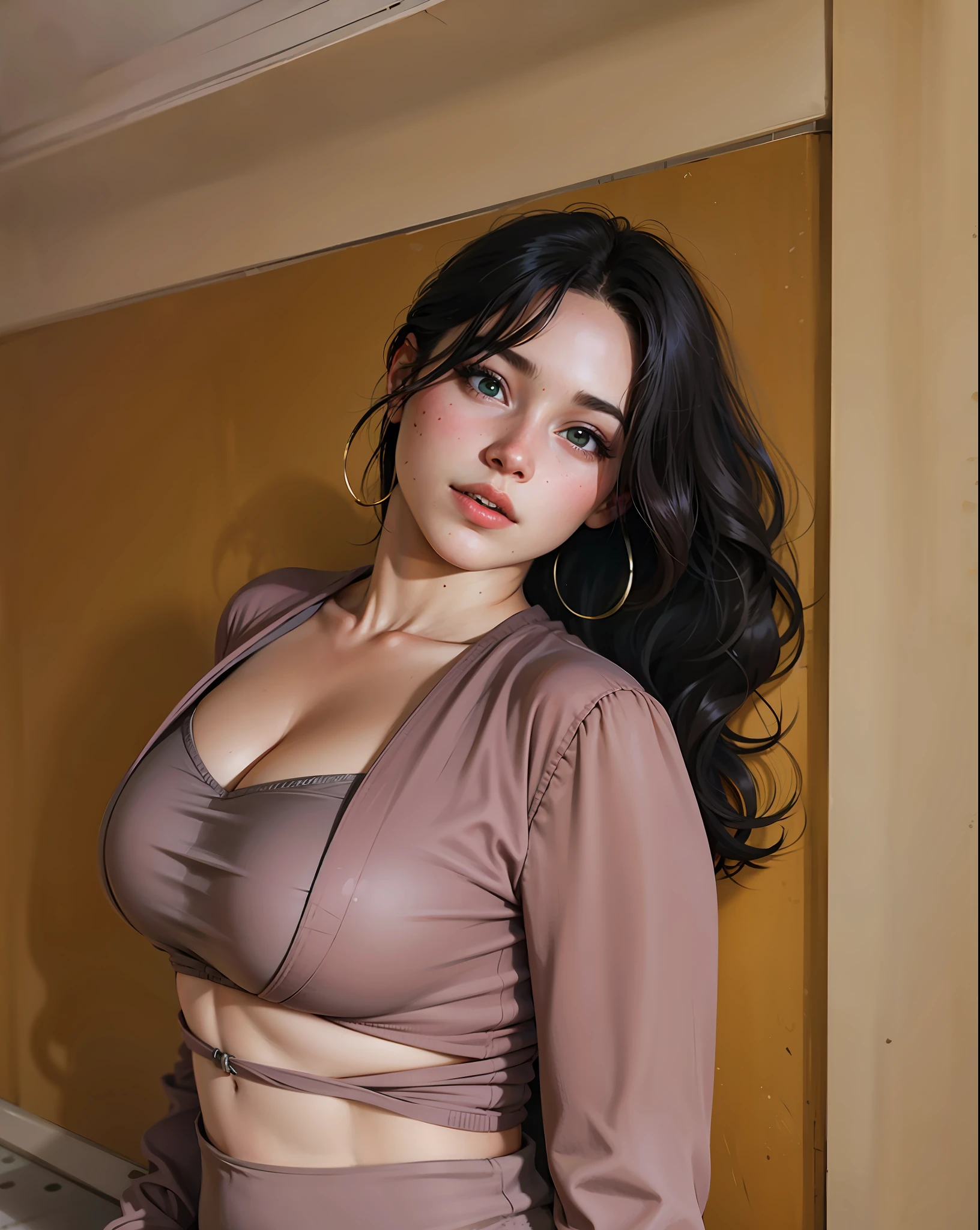 a hyper-realistic portrait of a young woman, under a tree, inside a forest, in the middle of nature, 22 years old, realistic, (lying on her side), sexy, (huge breasts 2:1), short brown hair, (hair tied with bows), curved, SFW