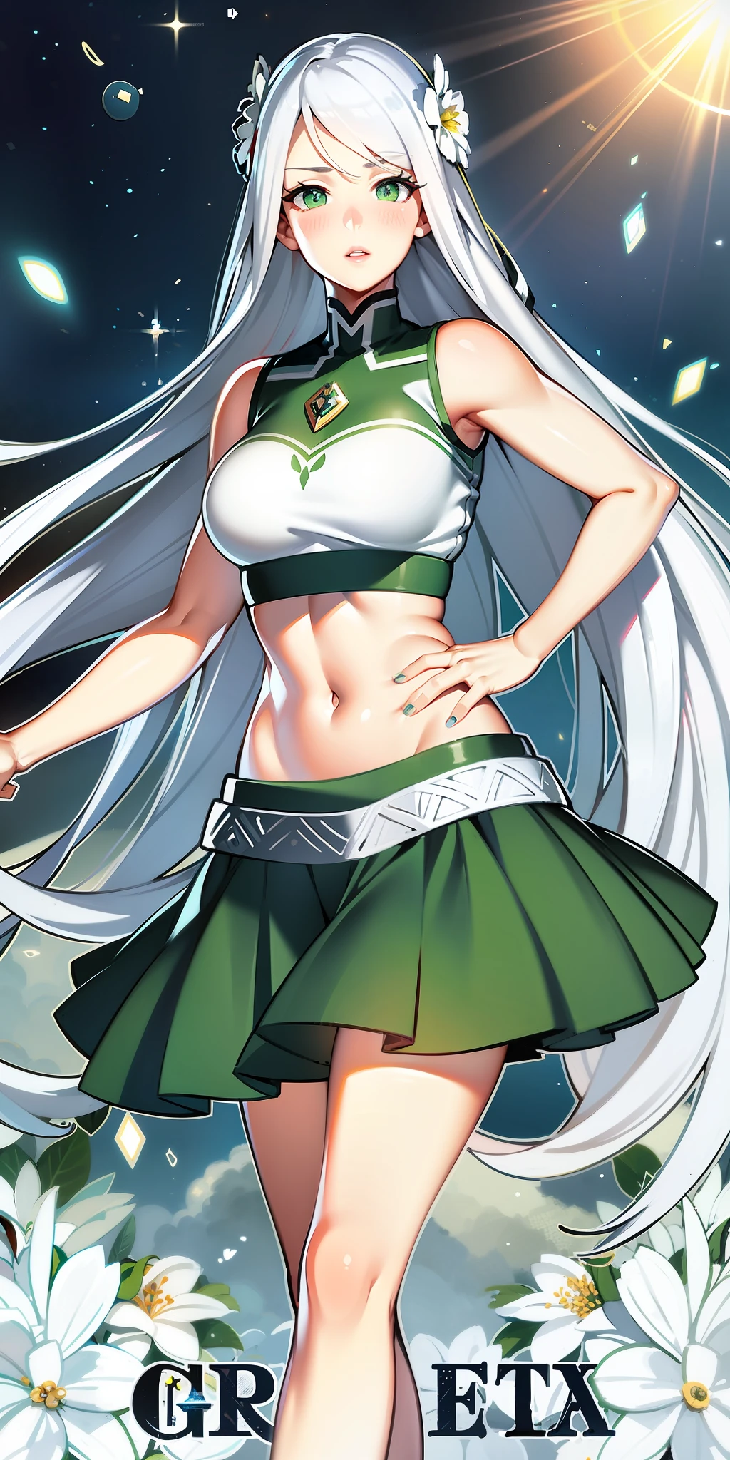 realistic, 1girl, silver hair, very long hair, green eyes, glowing eyes, crop top, skirt, parted lips, blush, night, flowers, sun, sunlight,