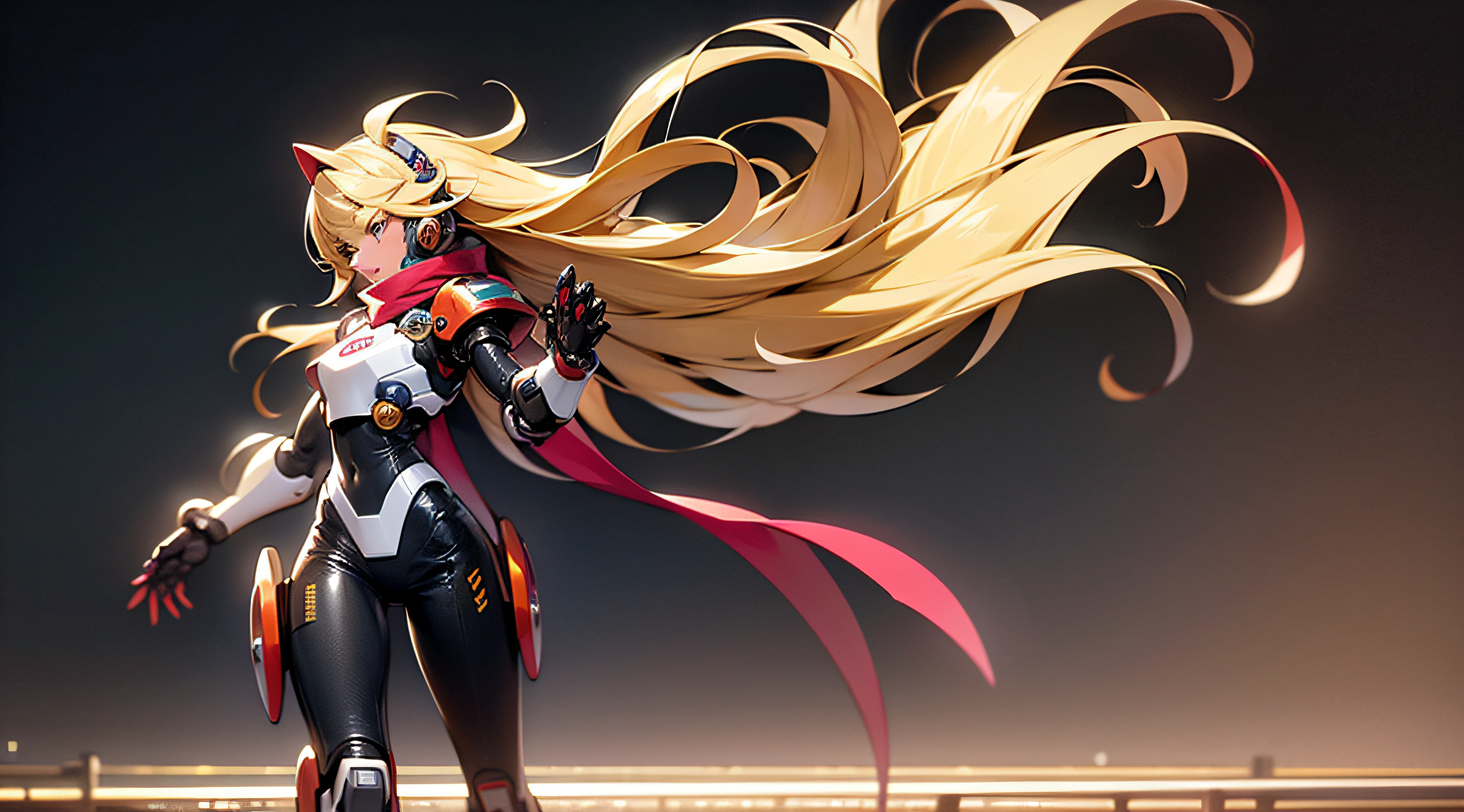 master masterpiece,Best,1girl,skintight,the whole body,long haired,blondhair,Mechanical armor arm,Middle chest,Red scarf,sci fi,solo,The run,with a simple background，High res，4k，8k，background bokeh，In motion，the whole body，dynamic scene，Dynamic face，Back Light，Mega Man，Machine armour wind，5头身高比例
等待开始