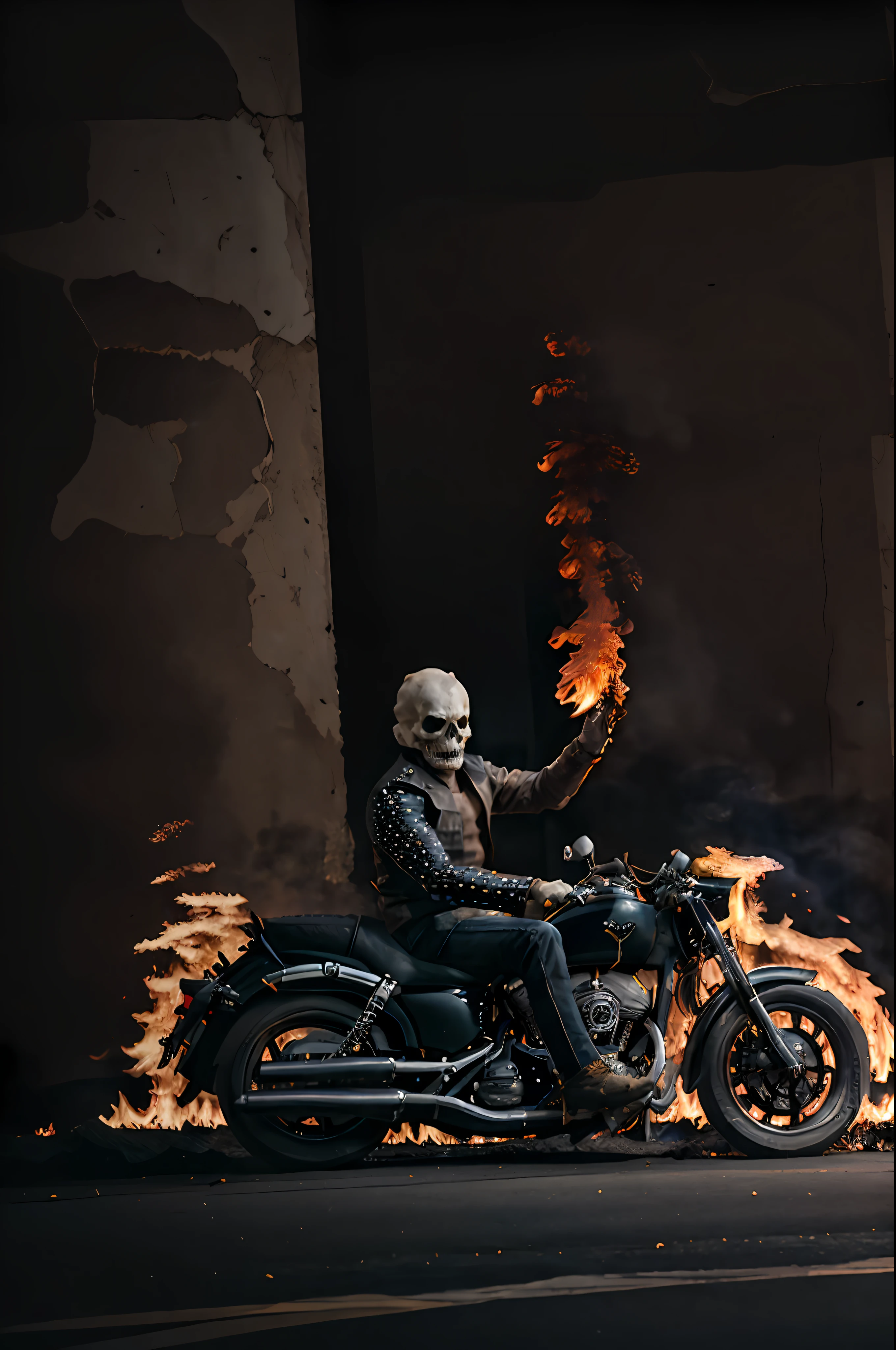 An epic action movie，Ghost Rider with a flaming skull(1.2)，Stud-encrusted leather jacket，chain，Sit on a vintage motorcycle full of mechanical colds burning flames，Gallop through the dark city streets，A litany of fires was left behind。
1人，spark，ember，High res，High res，Sharply Focused，Detail，Filmic，artistic shadows，HDR。