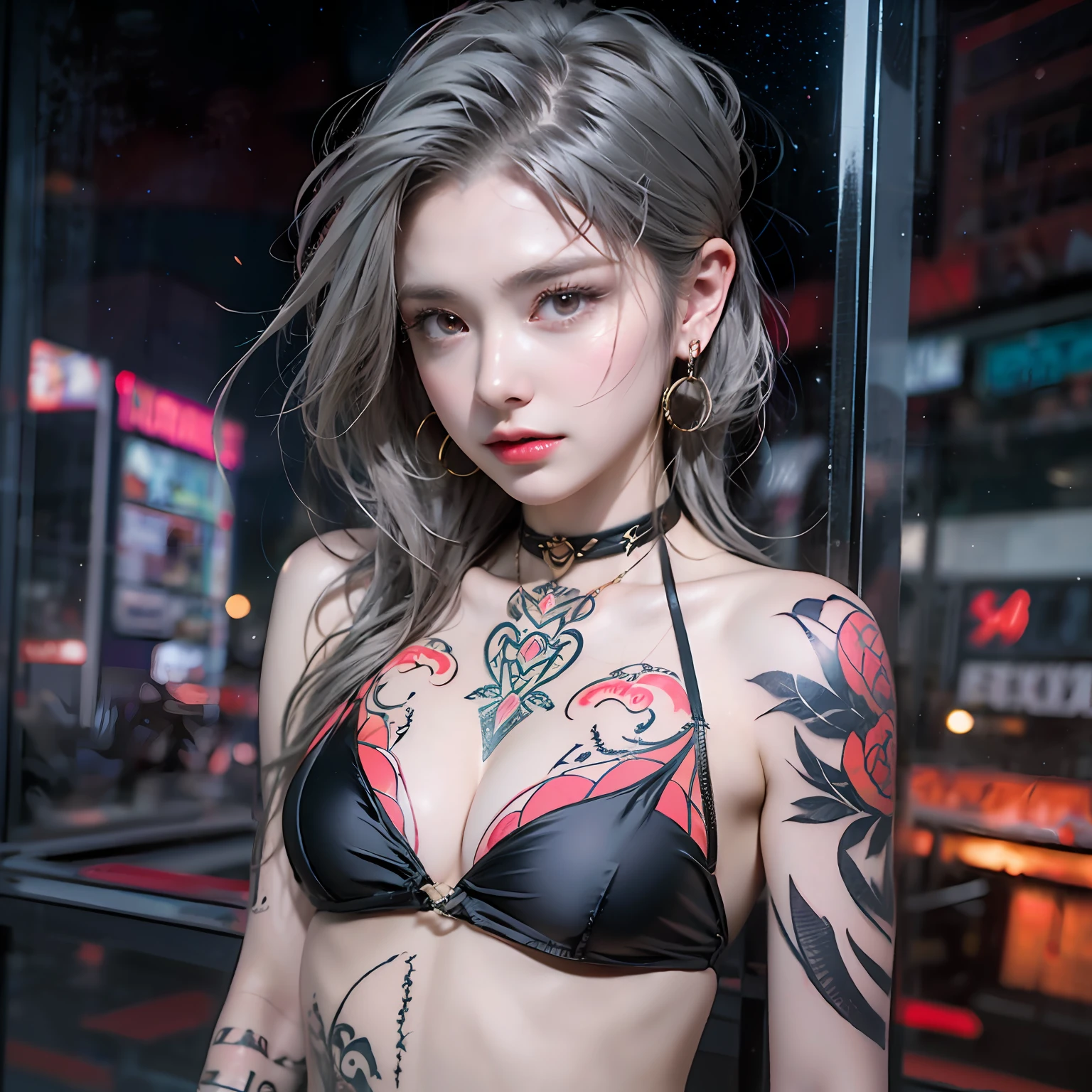 Night City, Neon, Perfect Starry Sky, UHD, High Detail, High Detail, Super Detail, Ultra Fine Detailed Painting, (One Woman),16k,Lots of piercings in the ears,Lots of piercings on the face,Body piercings,Tattoos on the face,, Tattoos around the eyes,Gray hair, Micro bikini, Plain bikini, (less fabric bikini), Big eyes, Long eyelashes, Very long eyelashes, ethnic tattoos, (tattoos covering the whole body), (tattoos on the whole body), tattoos on the chest, tattoos on the arms, tattoos on the fingers, (tattoos all over the chest), beautiful features, neutral facial features, (short hair), beksinsky, artem demla,