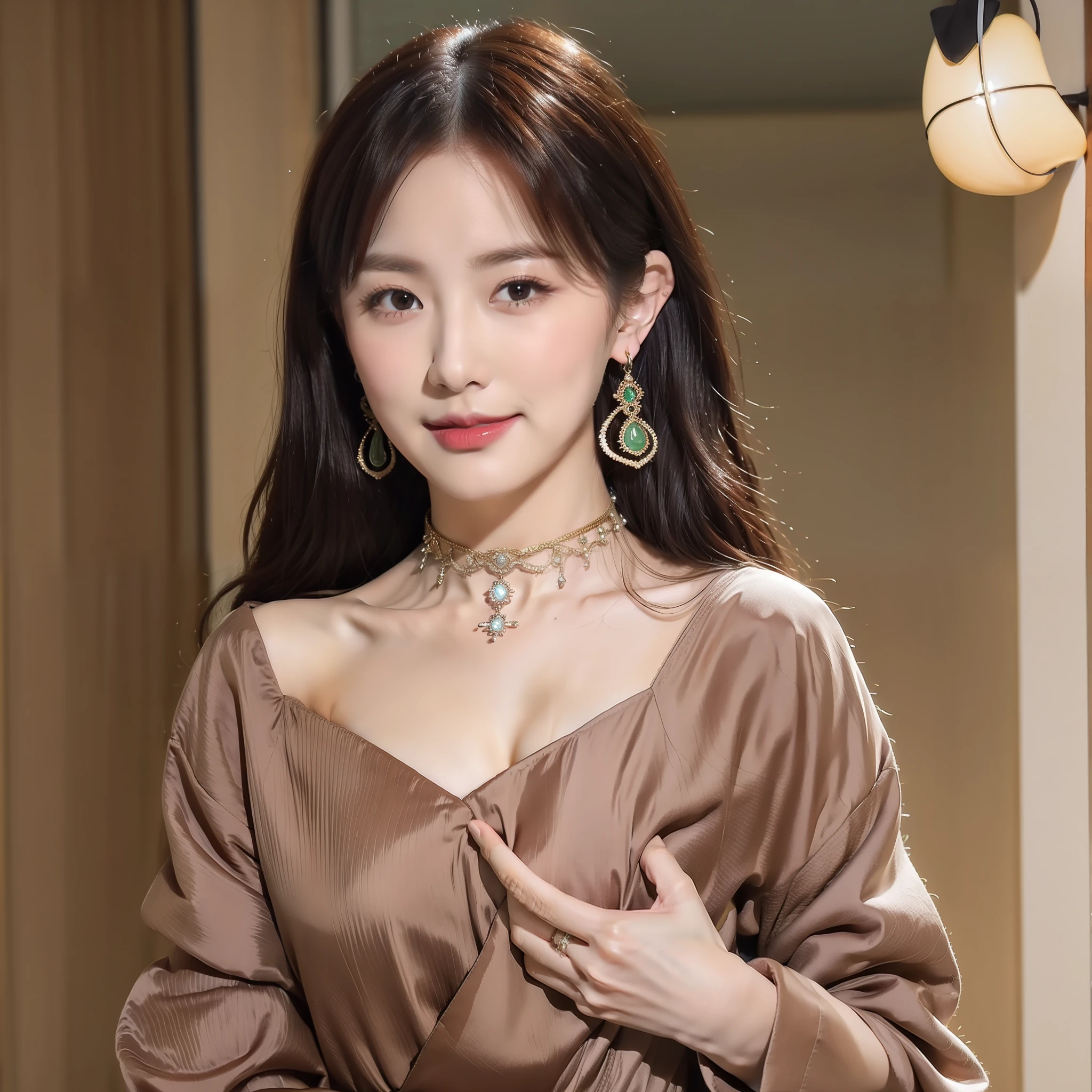 Best, Masterpiece, High Resolution, 1 Girl, Blush, (Seductive Smile: 0.8), Hair Accessory, Necklace, Jia, Tyndall Effect, Realism, Light Edge, Two-tone Lighting, (High Detail Skin: 1.2), 8K Ultra HD, DSLR, High Quality, Volume Lighting, Sneak Peek, Photo, High Resolution, 4K, 8K, Background Bokeh, Gorgeous Clothes, Earrings, 35mm, High Detail Hair, Upper Body, Bust, Portrait, Ultra Clear Face, (Lakeside, Meadow)