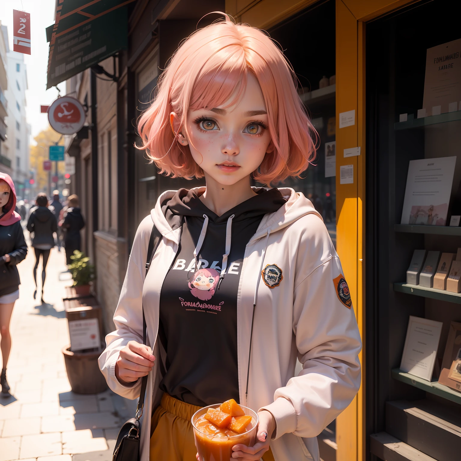 A shy Anya Forger with marmalade hair and pink, marmalade eyes is walking down a street wearing a marmalade hoodie, capturing the attention of passersby with her unique appearance and captivating presence, as the upper body shot emphasizes her delicate features and mysterious nature.