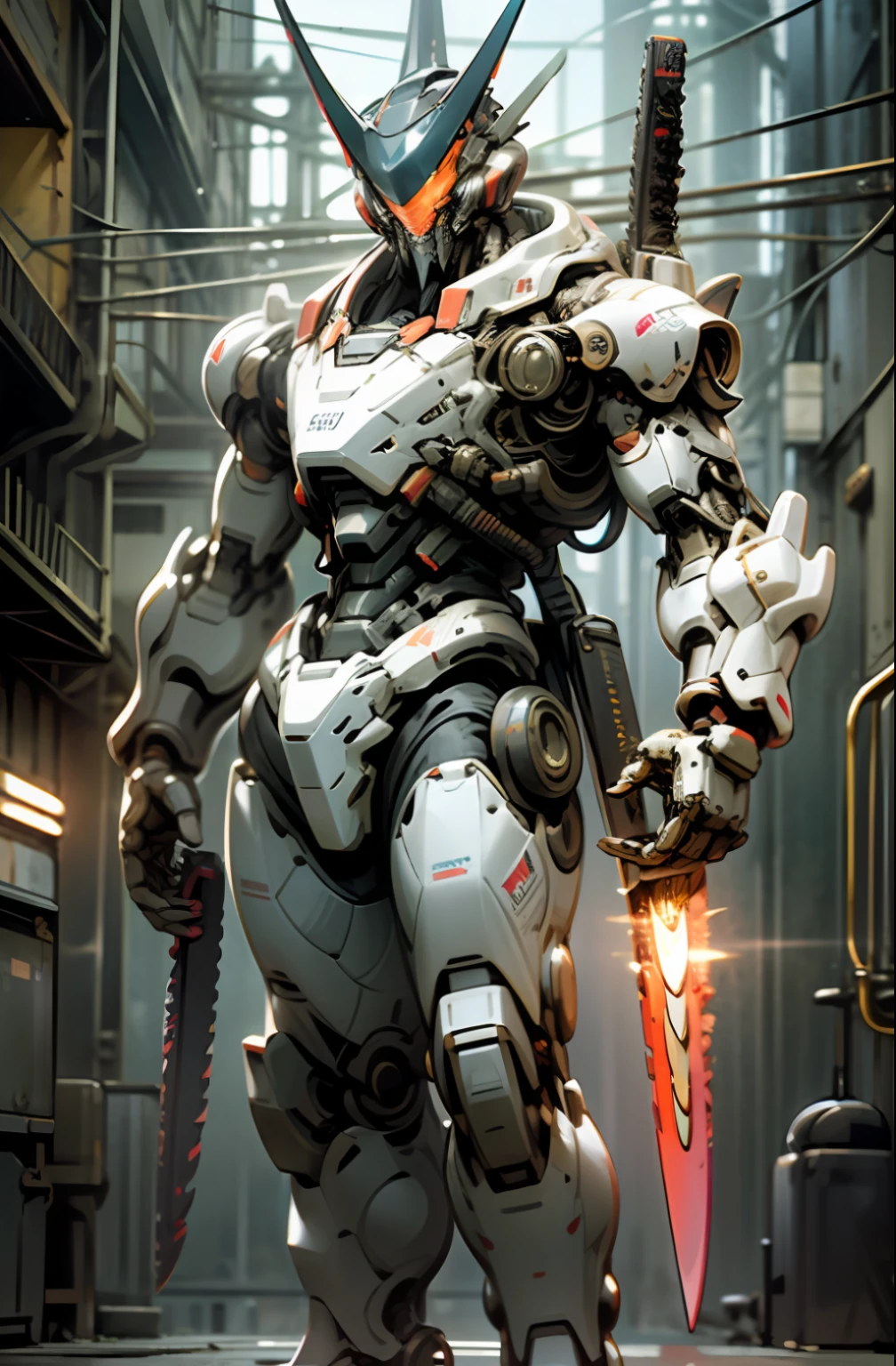 Dark _ Fantasia, Cyberpunk, (Chainsaw, chainsawman, Redness: 1.1), 1man, Mechanical wonder, Robot Presence, Biomodification Guard（cybernetic guardian）, Wearing Shabby Mech Suit, Intricate, Neon, (Steel Metal [rusty]:0.5), elegant, Crisp focus, Photograpy：Greg Rutkowski, soft lights, Bright Colors, master masterpiece，, (((the street、)), cowboy shooter, burly figure, dynamicpose, (futuristic weapons factory: 1.2), 8K, best best quality, full body portrait，Luminous mask，Ladies