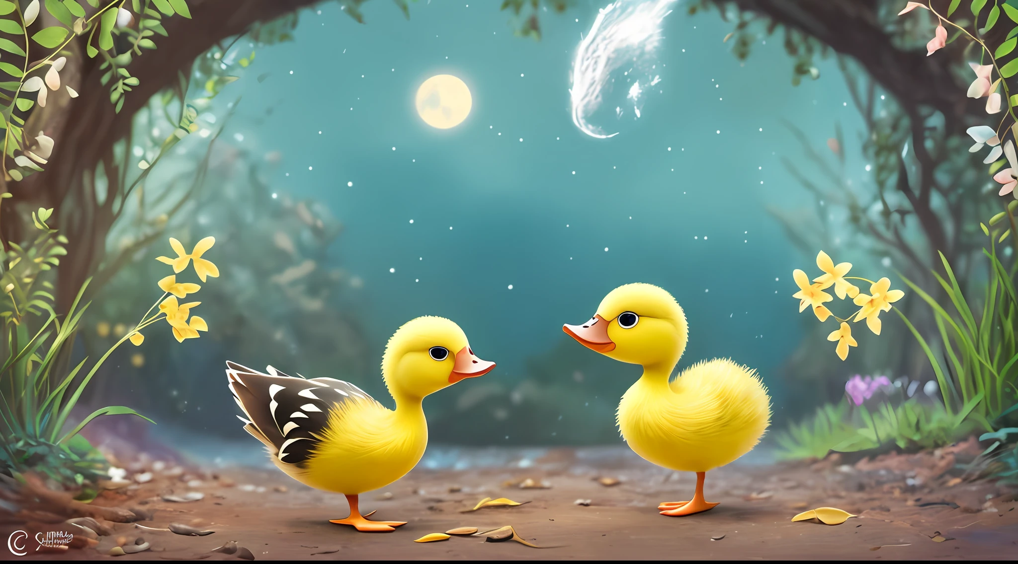 Era uma vez, a duckling named Leo. Ele era diferente dos outros patinhos, for it had a beautiful dark and bright fuzz that shone in the moonlight. Por causa disso, os outros patinhos o chamavam de "Patinho de Meia-Noite". Leo loved to explore and discover new things. He had an adventurous spirit and was always in search of exciting fun. No entanto, havia algo que o deixava triste: He was a lone duckling, pois desde que se lembrava, couldn't find his biological family, animation, disney pixar, desenho animado