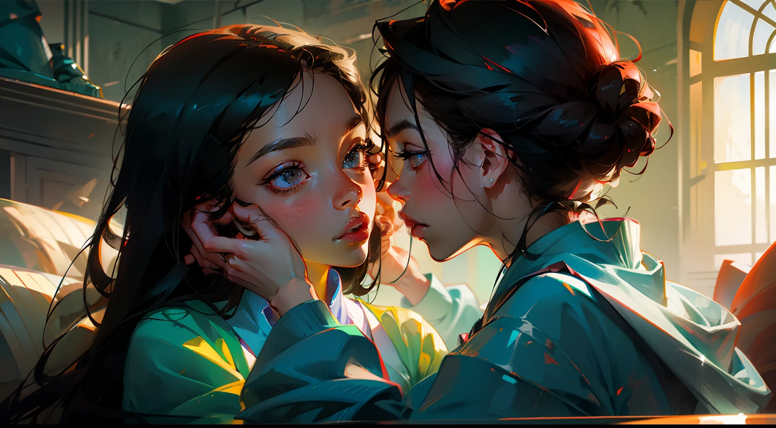 A close-up of an anime boy,Next to him, there was a father and mother holding mud and touching the little boy's face --auto