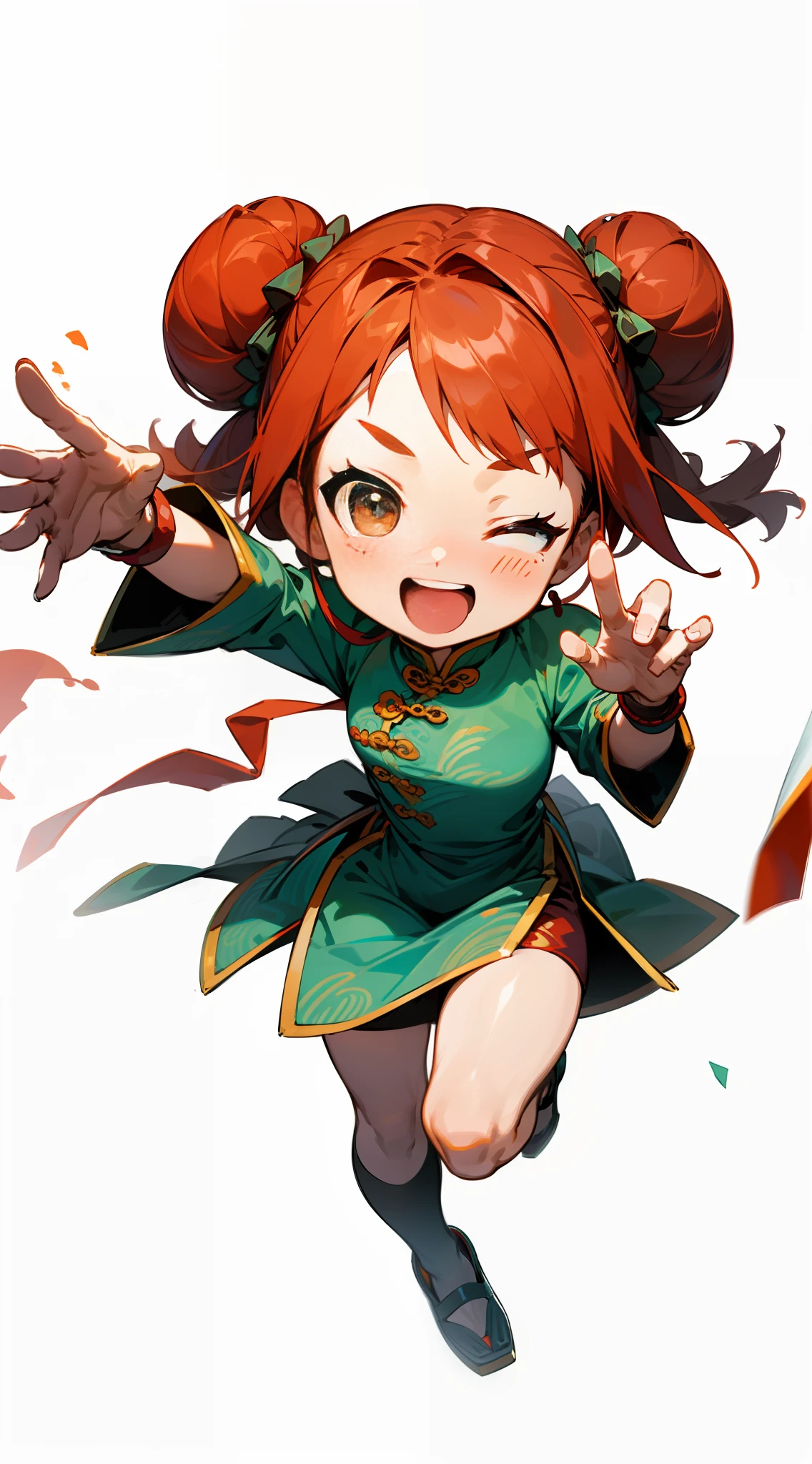 ((master masterpiece)),((((best best quality))),Q version,Anime Loli,cute character,1个女孩,the whole body,Accurate structure, Big head, Physical integrity,Bare body,red tinted hair,hair buns, with big eyes , happopen mouth,Happy expression,Glade,laughing out loud,China Princess,china clothes,Chinese pattern,Chinese ancient times,Right eye closed,Scissorhands,Raise your hand,The hand structure is clear and accurate,???????,Red bracelet cheongsam,action、,attitude (with a simple background,white backgroud:1.3)