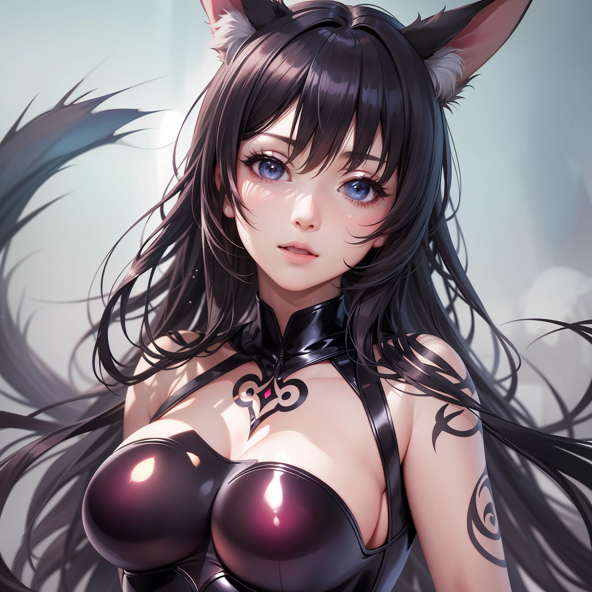 1人の獣女、Very cute rabbit beast woman、Cute round tail、black rubber suit、tattooed、short wavy hair、big eyes sparkling red、ABS、great proportions、Whole body shot、background kaleidoscope、the anime、illustration、FANTASY、portrait、、animification、HIGH DEFINITION、The Highest Quality、extremely high image quality、Super Detailed、ultra Realistic、PHOTOREALISTIC