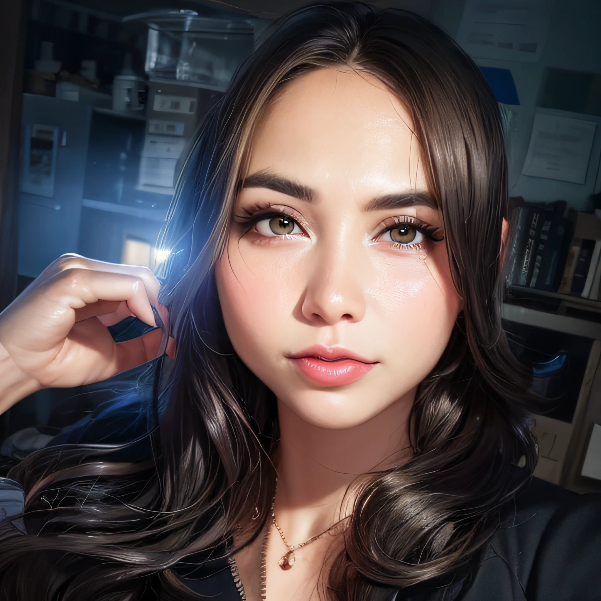 mulher arafed com longos cabelos castanhos e um top preto, cabelos castanhos e olhos grandes, sem maquiagem, foto de perfil headshot, rosto sexy com maquiagem completa, detailed flawless face, 30 years old woman, 3 0 years old woman, com maquiagem profissional, taken in the early 2020s, sem maquiagem cabelo ondulado, looking directly at camera