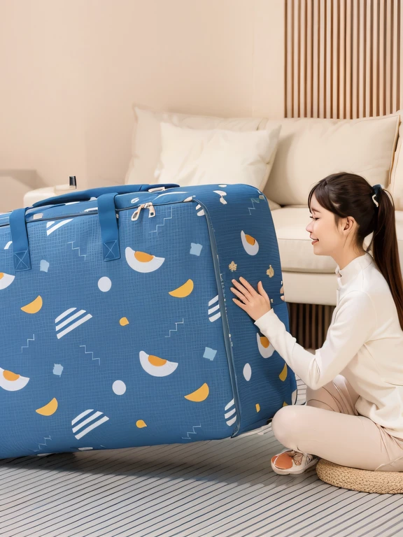 Woman sitting on the floor，There is a suitcase in front of him, designed for cozy aesthetics!, easygoing, in suitcase, easy to use, Kemono, bottom angle, ad image, bags, sleeping bag, product introduction photos, rendering, powerful detail, promo image, portrait shot, cute huge pockets, deluxe, handsome，，，, exploitable image, bag