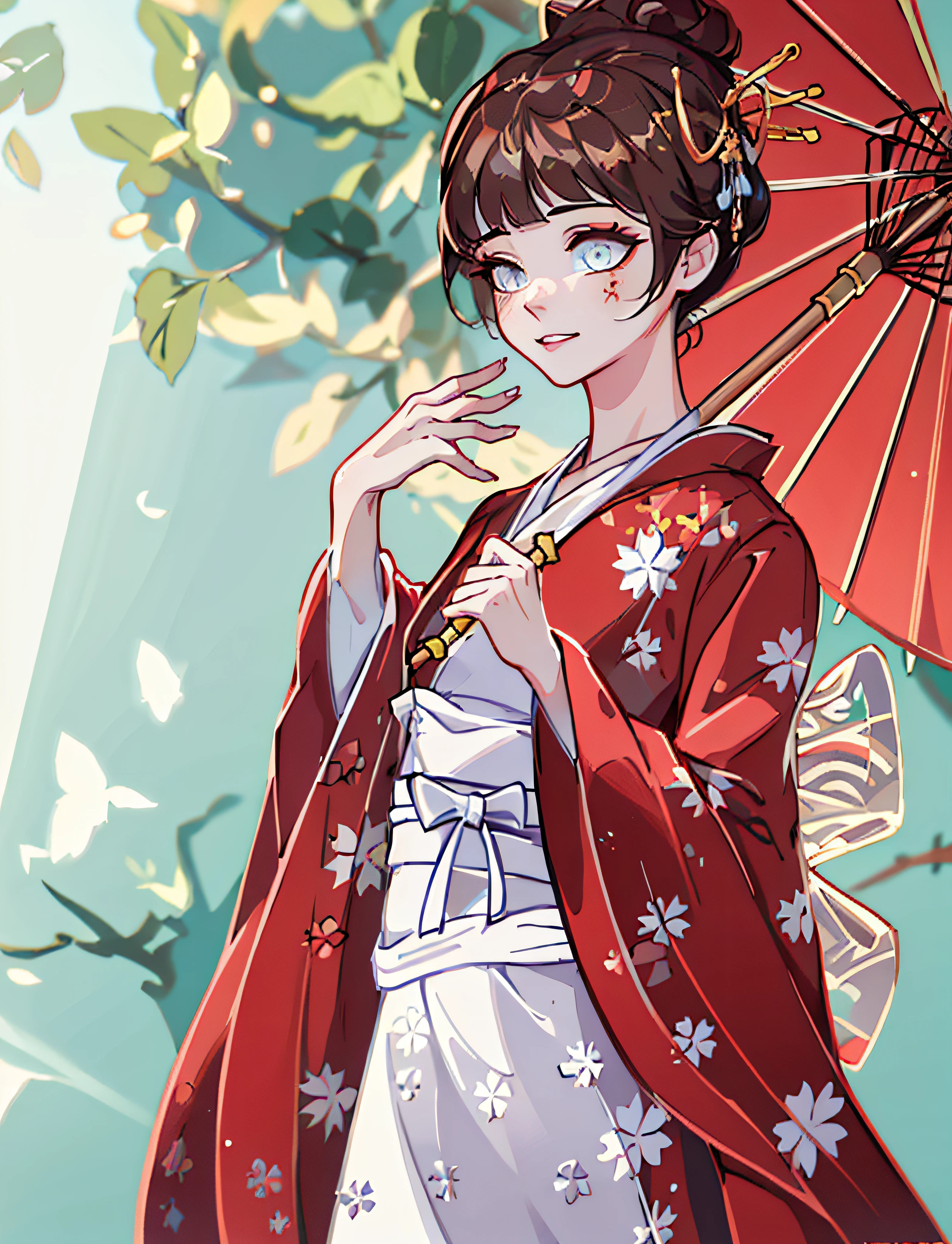 master masterpiece，Dynamic Angle，ultra Detailed，illustartion，（Girl in kimono with umbrella），Kemono，highly detailed exquisite fanart， brown  hair）），Her eyes shone like dreamy stars，（Luminous Eyes：1.233），（Beautiful and detailed eyes：1.1），（standing a）， （During the Day：1.2））， the whole body， sunrays， Clear face， clean white background， epic composition， super high definition， high quallity， extremely detailed， official arts， [[Delicate fingers and hands：0.55]：：0.85]，（detail fingers） 制服 8k 壁纸， super-detail， 32k，Anime Style