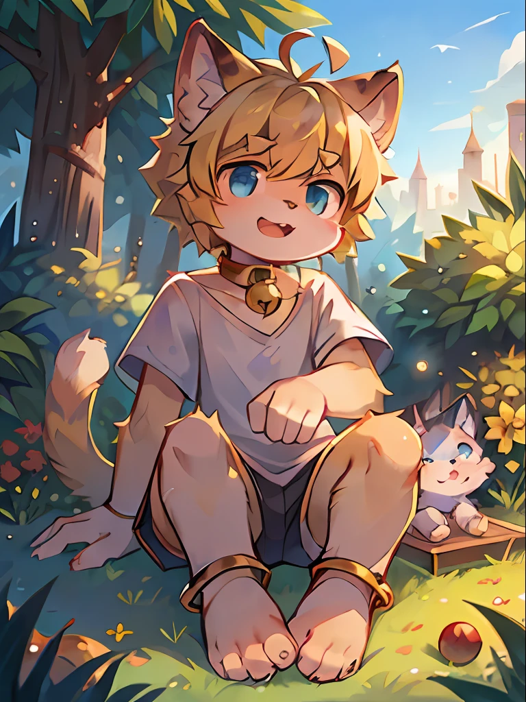 spheres，Stand in front of the garden，bobed hair，blondhair，Light blue eyes，Ahoge，Bell collar，the whole body，lenfant，Furries，cat ears，cat ears，open  mouth，There are cat teeth，yun，SKY、，SKY，The sun，In summer，No spots，Cubs，Yellow hairs everywhere，Yellow fur everywhere，Hairy all over，Cat type，Fluffy cat tail，master masterpiece，quality portraits，human shape，Cubs，Solitary child boy，aeolian，Full Shot Shot，White top with short sleeves，gray shorts，Super cute face，Dore，Fluffy snow-white cat palm、hairy hands，The fingers are clearly defined，There are meat pads，There are toe pads，Beautiful palm，flesh pad，Structured，full body portrait，Cat's feet，hairy legs，Cute anklets，The face is hairy，Cat beard，No shoes