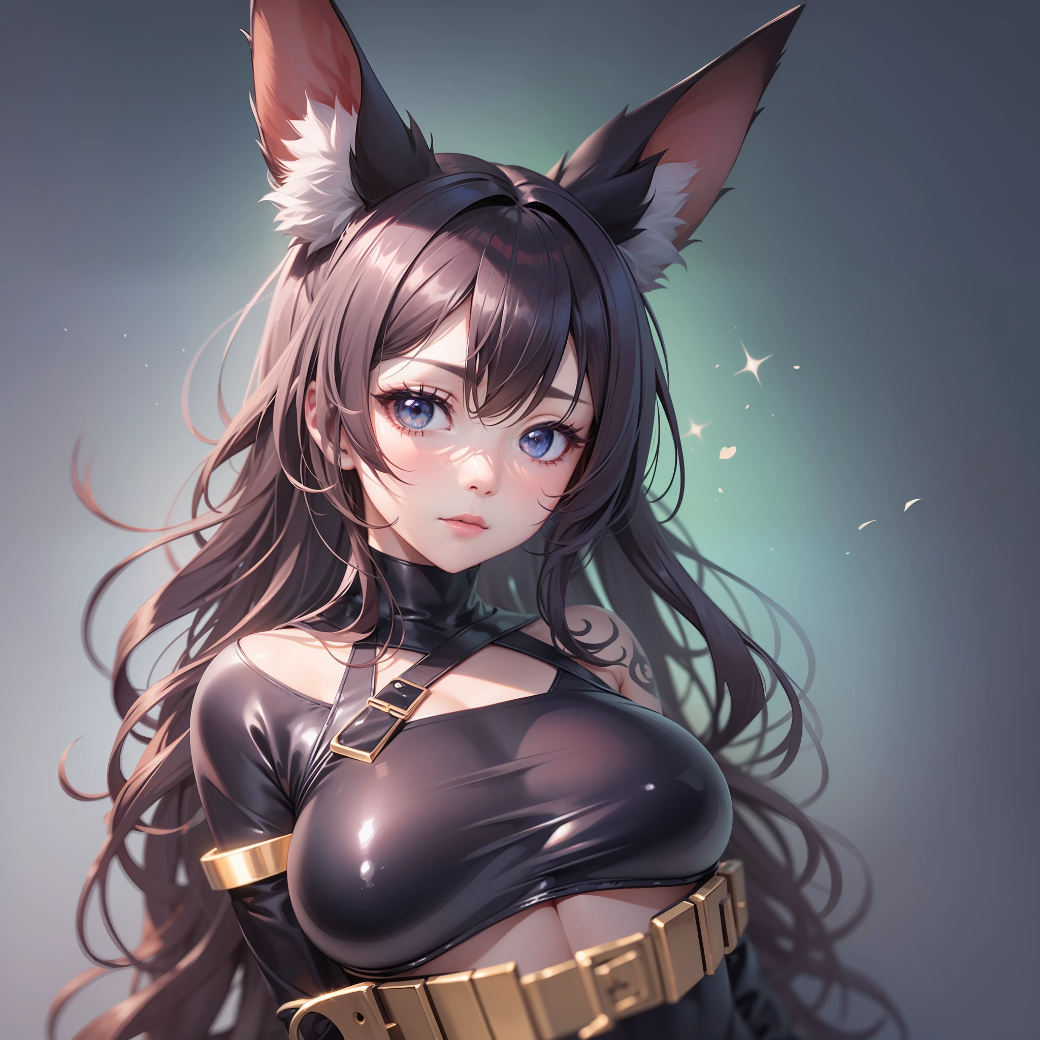 1人の獣女、Very cute rabbit beast woman、Bunny Girl Cosplay、black rubber suit、tattooed、short wavy hair、big eyes sparkling red、ABS、great proportions、Whole body shot、background kaleidoscope、the anime、illustration、FANTASY、portrait、animification、HIGH DEFINITION、The Highest Quality、extremely high image quality、Super Detailed、ultra Realistic、PHOTOREALISTIC