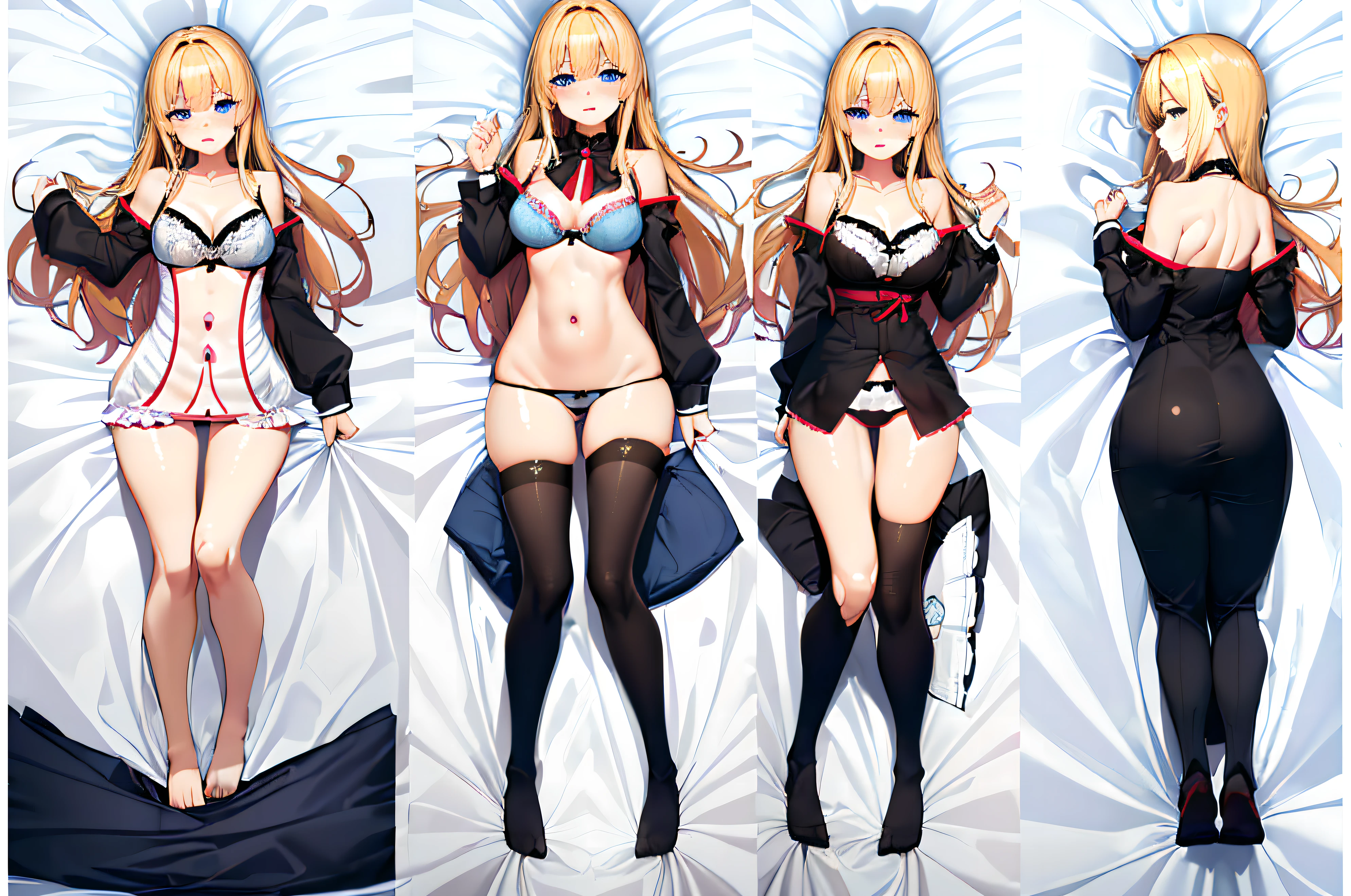 (Master peace, beste Quality, Absurdres:1.3) nsfw, bed sheets, WHITE BACKGROUND, (dakimakura:2) (medium), multiple views, Look at the Viewer, underware,, bra, Pantie、, variations,looking back,, solo、、,1girl, (Blond long hair), (detailed blue eyes:1.0),, shiny skin, Detailed Hair,