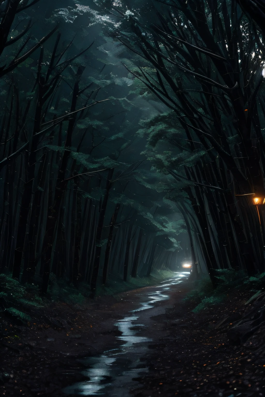 Dense forest in torrential rain at night, raindrops pouring from trees, distant thunder rumbling, masterpiece, best quality, high quality, extremely detailed CG unity 8k wallpaper, oil painting, award winning photography, bokeh, depth of field, HDR, bloom, chromatic aberration, photorealism, very detailed, trending on artstation, trending on CGsociety, intricate, high detail, dramatic, midjourney art (volumetric lighting: 1.2)