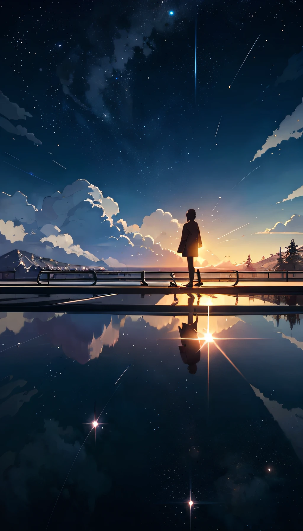 Masterpiece, anime train passing through bodies of water on tracks, bright starry sky. Romantic train, Makoto Shinkai's picture, pixiv, concept art, lofi art style, reflection. by Makoto Shinkai, lofi art, Beautiful anime scene, Anime landscape, detailed scenery —width 672, in style of Makoto shinkai, style of Makoto shinkai, enhanced details.