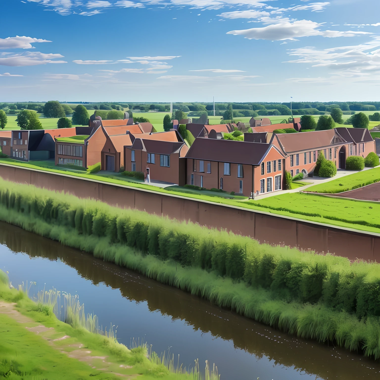 ((Bestquality, 8k, Chef-d’œuvres :1.3)), zone industrielle, Brick buildings, brique, flandres, au Pays-Bas, place agricole, pastures, Canal en arrière-plan