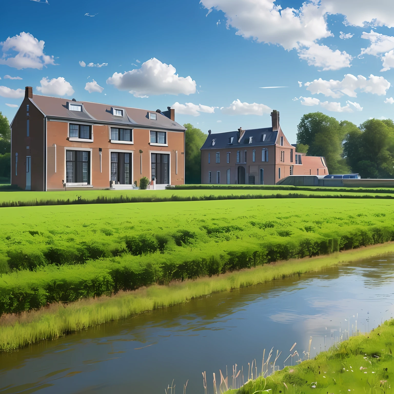 ((Bestquality, 8k, Chef-d’œuvres :1.3)), zone industrielle, Brick buildings, brique, flandres, au Pays-Bas, place agricole, pastures, Canal en arrière-plan