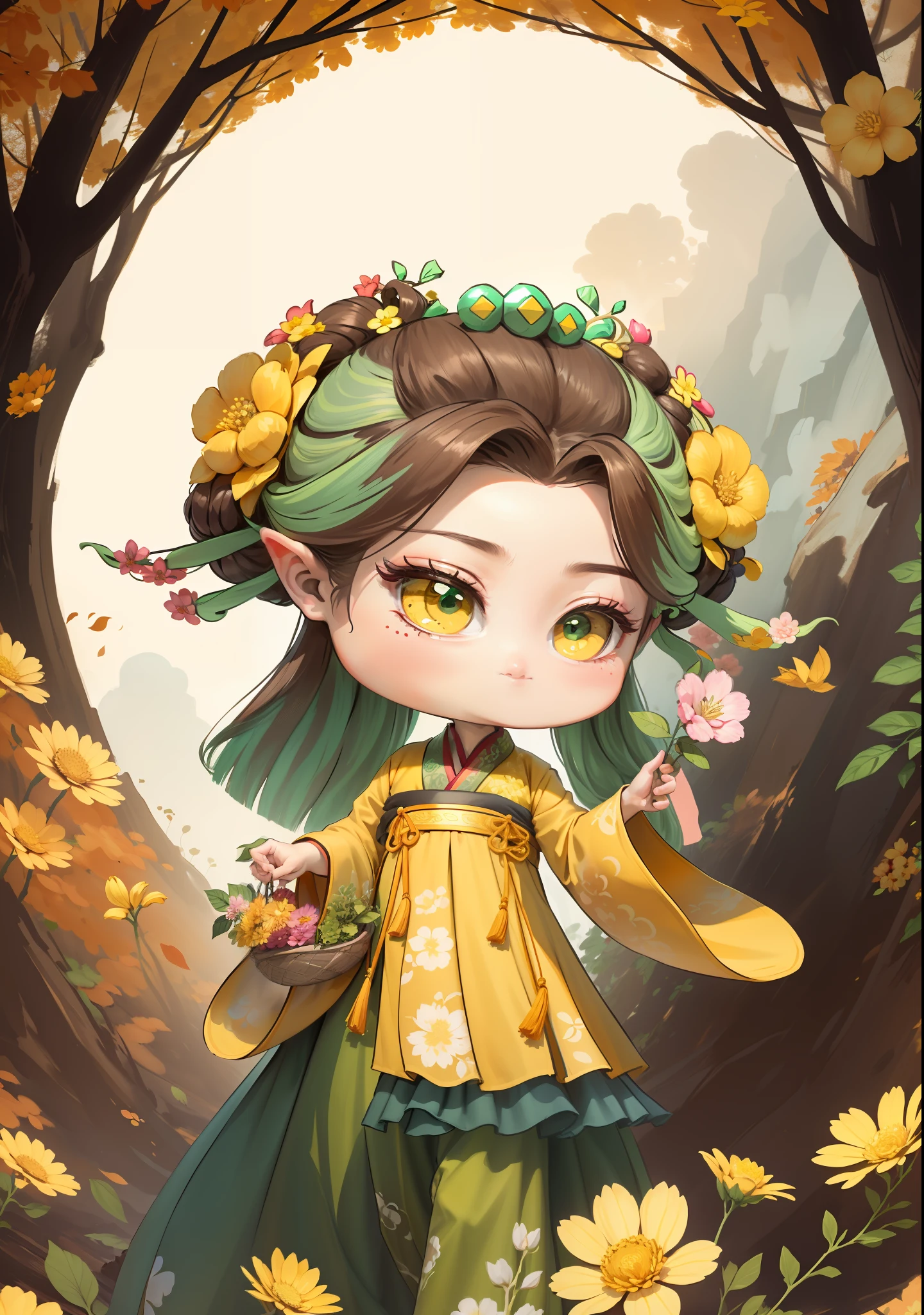 A Chinese girl in Hanfu，One hand holding a flower basket，Holding a flower in one hand，autumn，Dealing with the heat，dark brown  hair，Ancient Chinese hair buns，pattern，Yellow-green color scheme，On both sides of the hair are flower hair accessories，Some metallic flower headdresses，The color block is clear，Bright colors，arte de linha，unlimited details，Fine painting，Beautifully portrayed，空白背景 8k