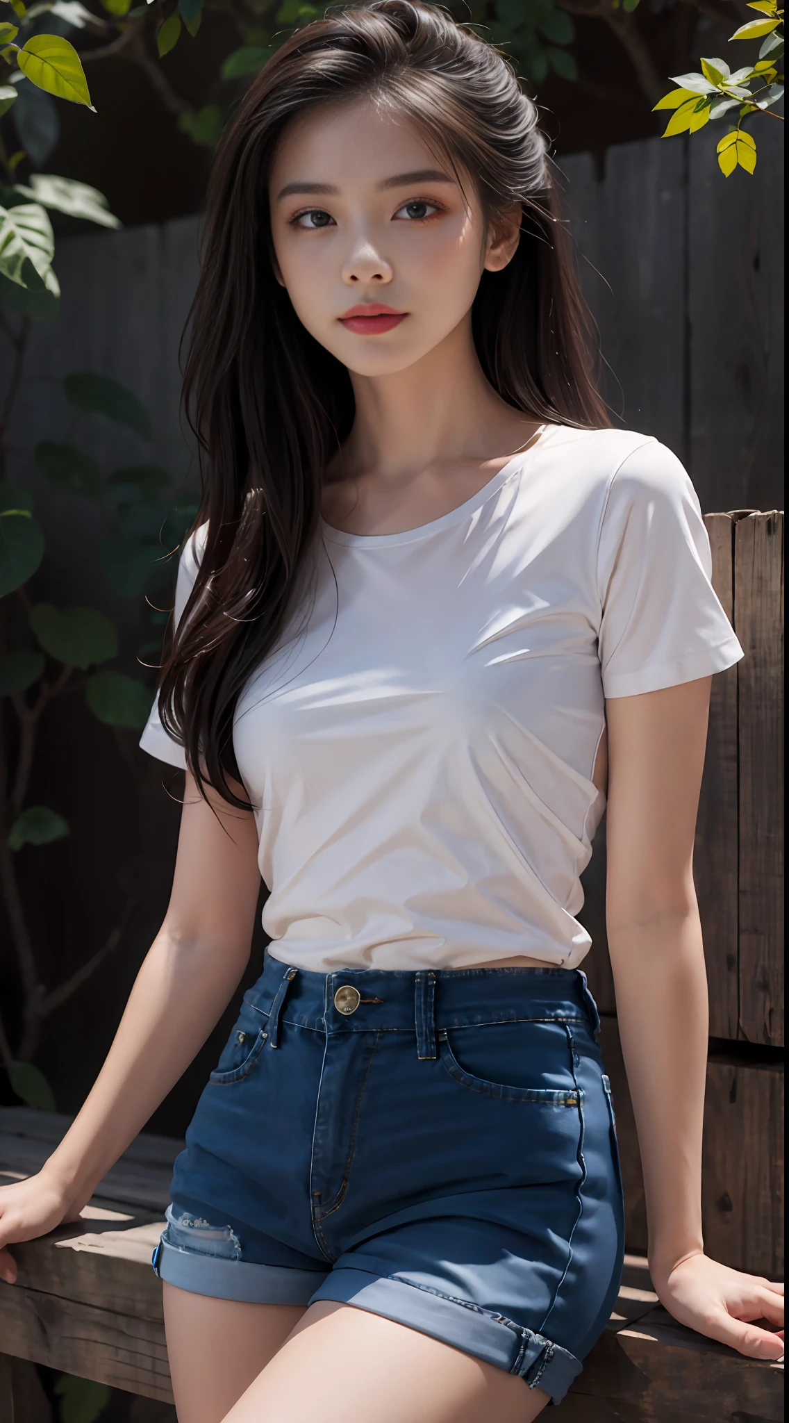 best best quality，master masterpiece，extra high resolution，（PhotoRealistic：1.4），RAW photo of，（Evening Street），1个女孩，dark eye，Fine eyes，double eyelidwork ，longlegs，long haired，Light makeup，Lips，Small ears，Light blue T-shirt，denim shorts pants，Beautiful Women with Perfect Figure:1.4, （out door，haibian：1.1），There are mountains and waters，There are trees，Medium view