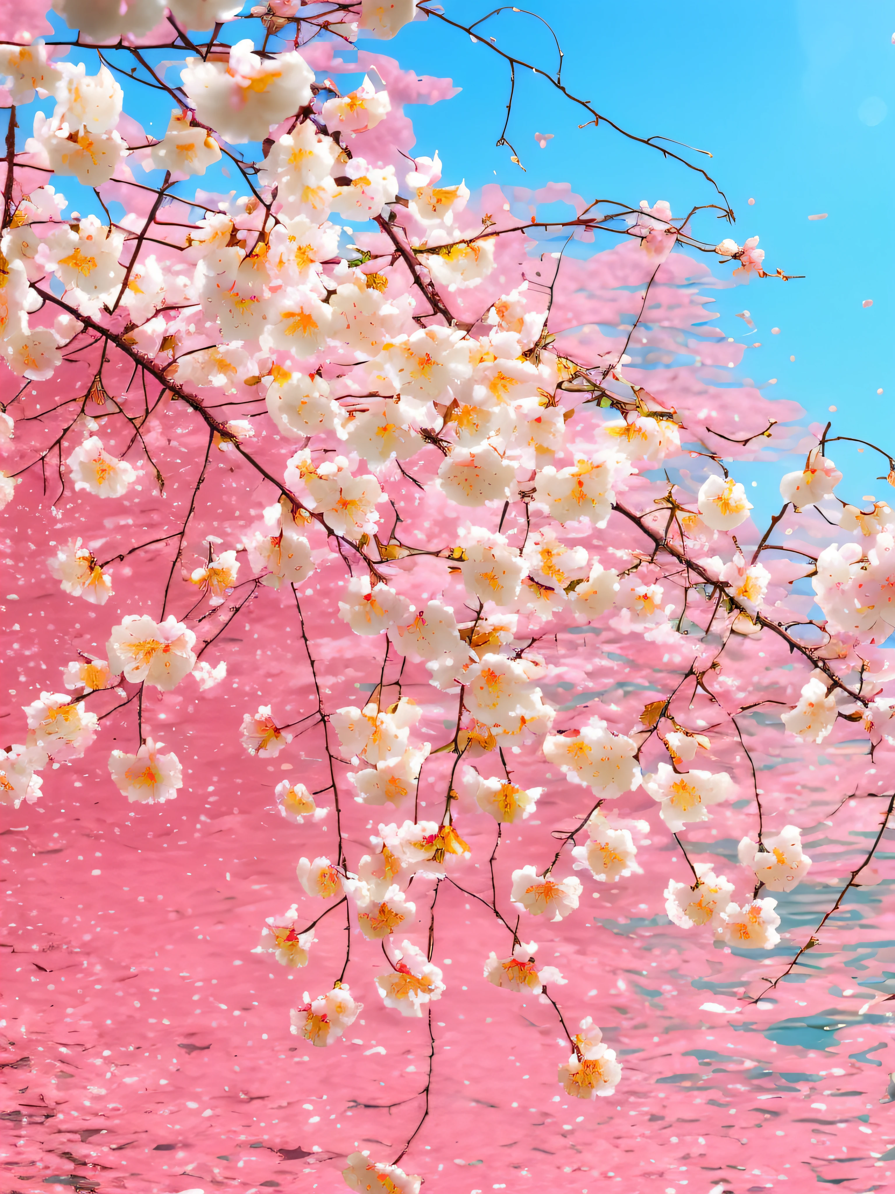 there is a tree that is blooming in the water, cherry blossom falling, cherry blossom rain everywhere, falling cherry blossoms pedals, cherry blossoms in the wind, sakura blooming on background, flowing sakura silk, white blossoms, Cherry Blossoms, fior, falling cherry blossom pedals, cherry blossums, sakura tree in background, sakura flower, lots of sakura flowers
