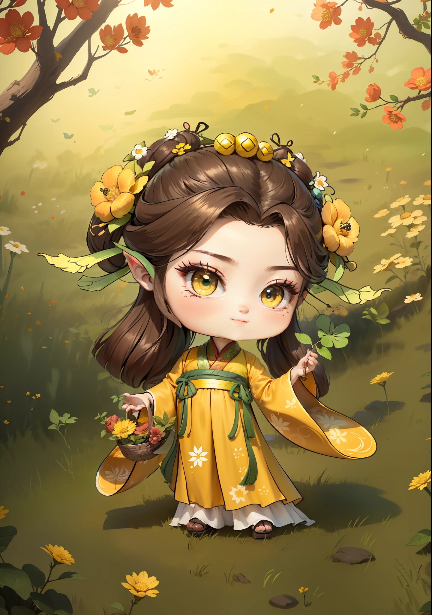 A Chinese girl in Hanfu，One hand holding a flower basket，Holding a flower in one hand，The butterfly，autumn，Dealing with the heat，dark brown  hair，Ancient Chinese hair buns，pattern，Yellow-green color scheme，On both sides of the hair are flower hair accessories，Some metallic flower headdresses，The color block is clear，Bright colors，arte de linha，unlimited details，Fine painting，Beautifully portrayed，空白背景 8k