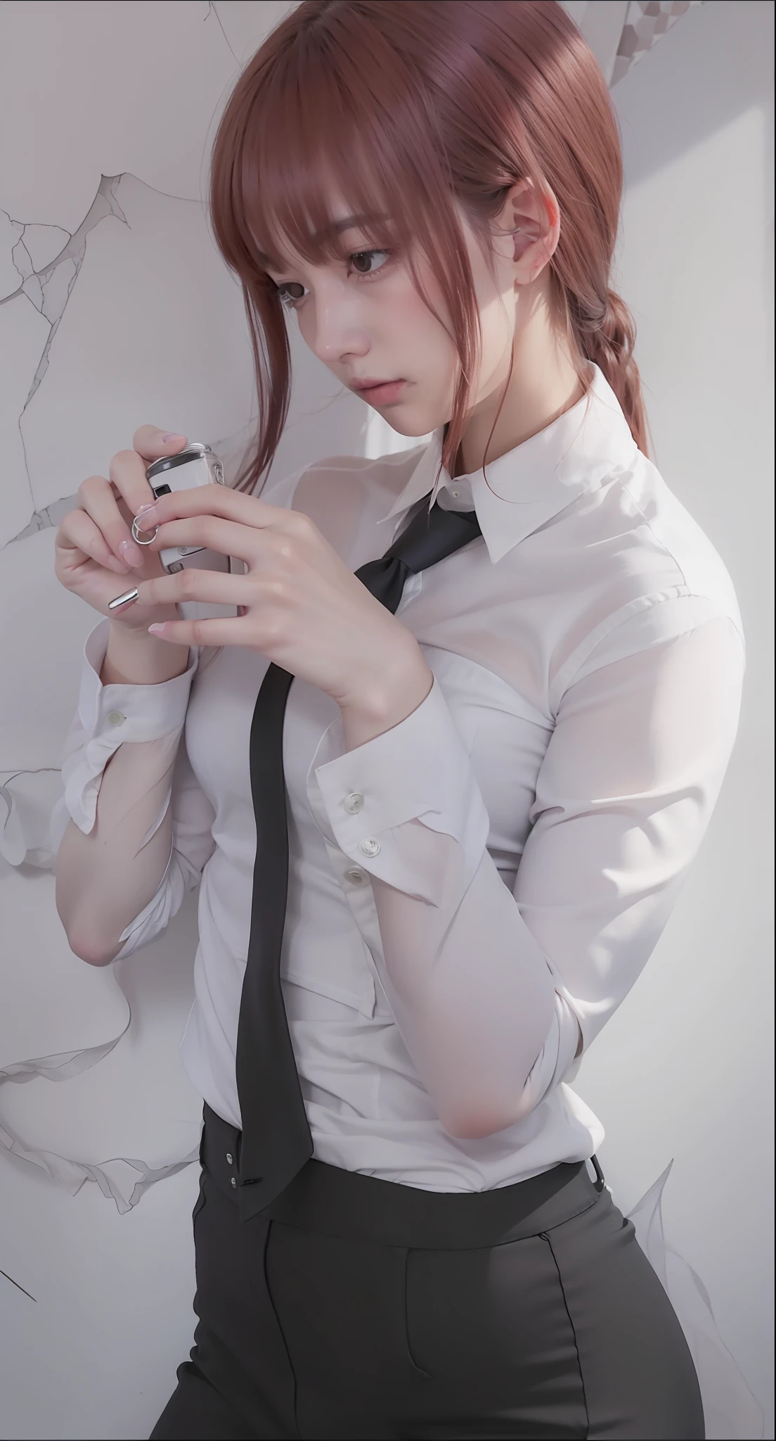 Burgundy hair,White Blouse,Long black tie,Trousers,Show your figure,erogenous,Color gas,Detail,PhotoRealistic,photorealestic,reality,4k,Bad woman,looking at the lens