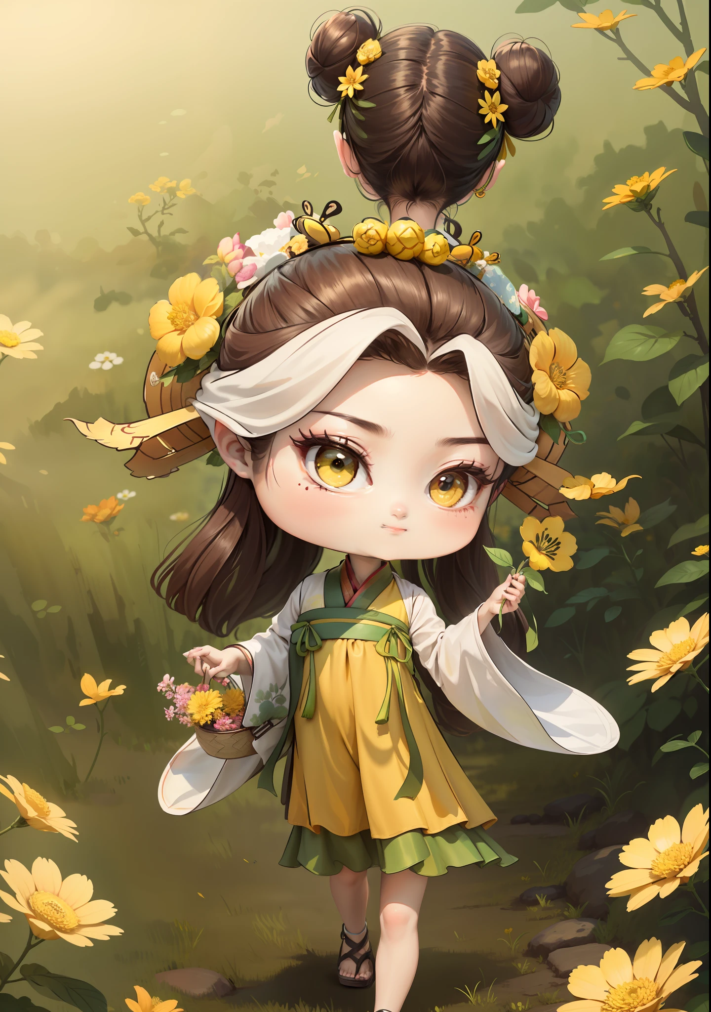 A Chinese girl in Hanfu，One hand holding a flower basket，Holding a flower in one hand，The butterfly，autumn，，，Dealing with the heat，dark brown  hair，Ancient Chinese hair buns，pattern，Yellow-green color scheme，On both sides of the hair are flower hair accessories，Some metallic flower headdresses，The color block is clear，Bright colors，arte de linha，unlimited details，Fine painting，Beautifully portrayed，空白背景 8k