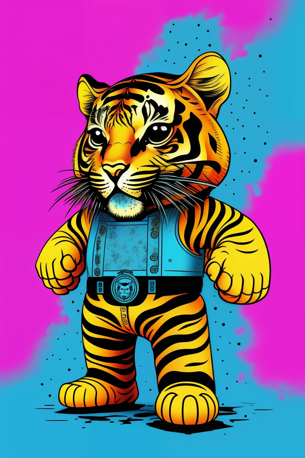 snowapocalypse portrait of super cute Anthromorphic Tiger (made of (clockwork gears)), menger sponge, dark light, highly detailed fur, teal and pink, neon signs, haunting atmosphere, digital art , intricate, 8k resolution, super high quality,.((symmetrical))