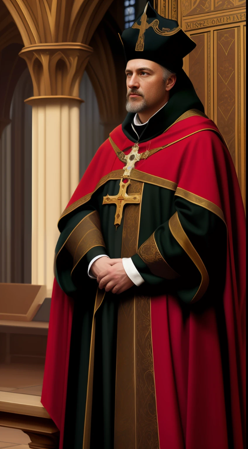 (masterpiece, UHD, oil painting, detailed:1.3, by Greg Rutkowski), medieval bishop, resplendent in (12th-century bishop attire:1.2), regal vestments, crosier in hand, medieval Catholic setting, solemn and contemplative atmosphere, towering cathedral arches, dark atmosphere, soft lighting, warm tones, intricate detailing, capturing the medieval bishop's poise and solemnity in rich, realistic style.