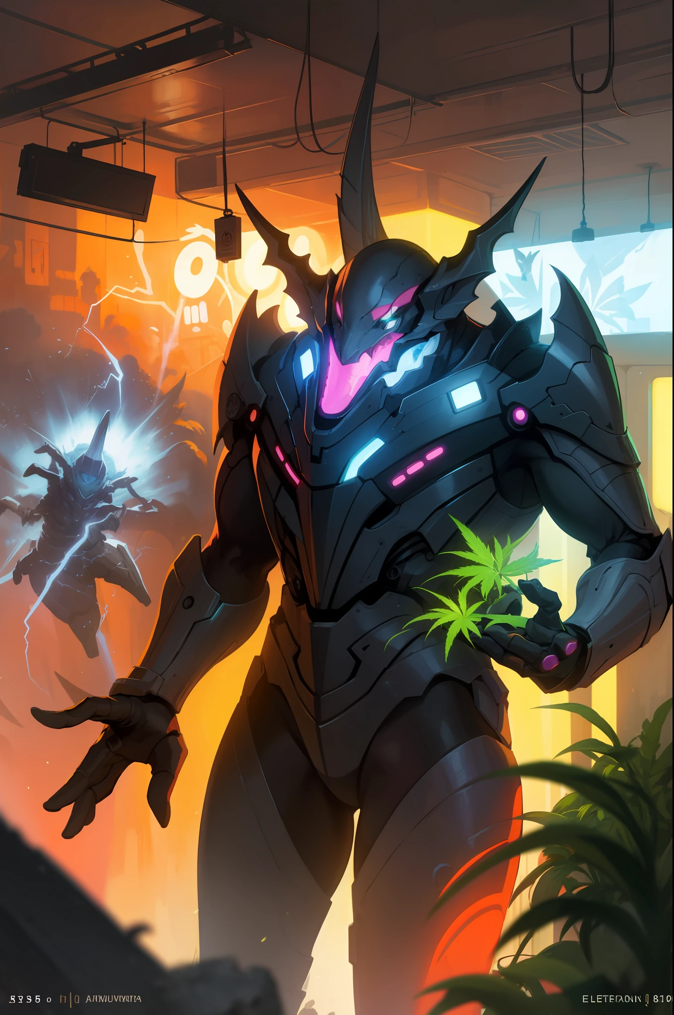 Masterpeace, the best quality,machine,creature,lightning, neon light beams, beauty, futuristic modern, rockstar, lock, steeply, That's perfect, epic, Bright colors, volume lighting, best shadows, Shallow Depth of Field, (Top quality, amazing details: 1,25), Brilliant Colorful Paintings, fancy, magic, flicker, Glare, neon garland,Cannabis, Marijuana, 8k