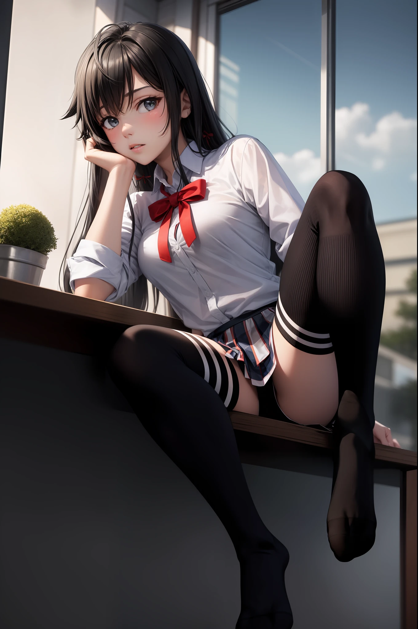 masterpiece, 1girl, solo, yukino yuknoshita, school uniform, white shirt, plaid miniskirt, red bowtie, (black knee high socks:1.5), black shoes, absolute territory, leaning on a table