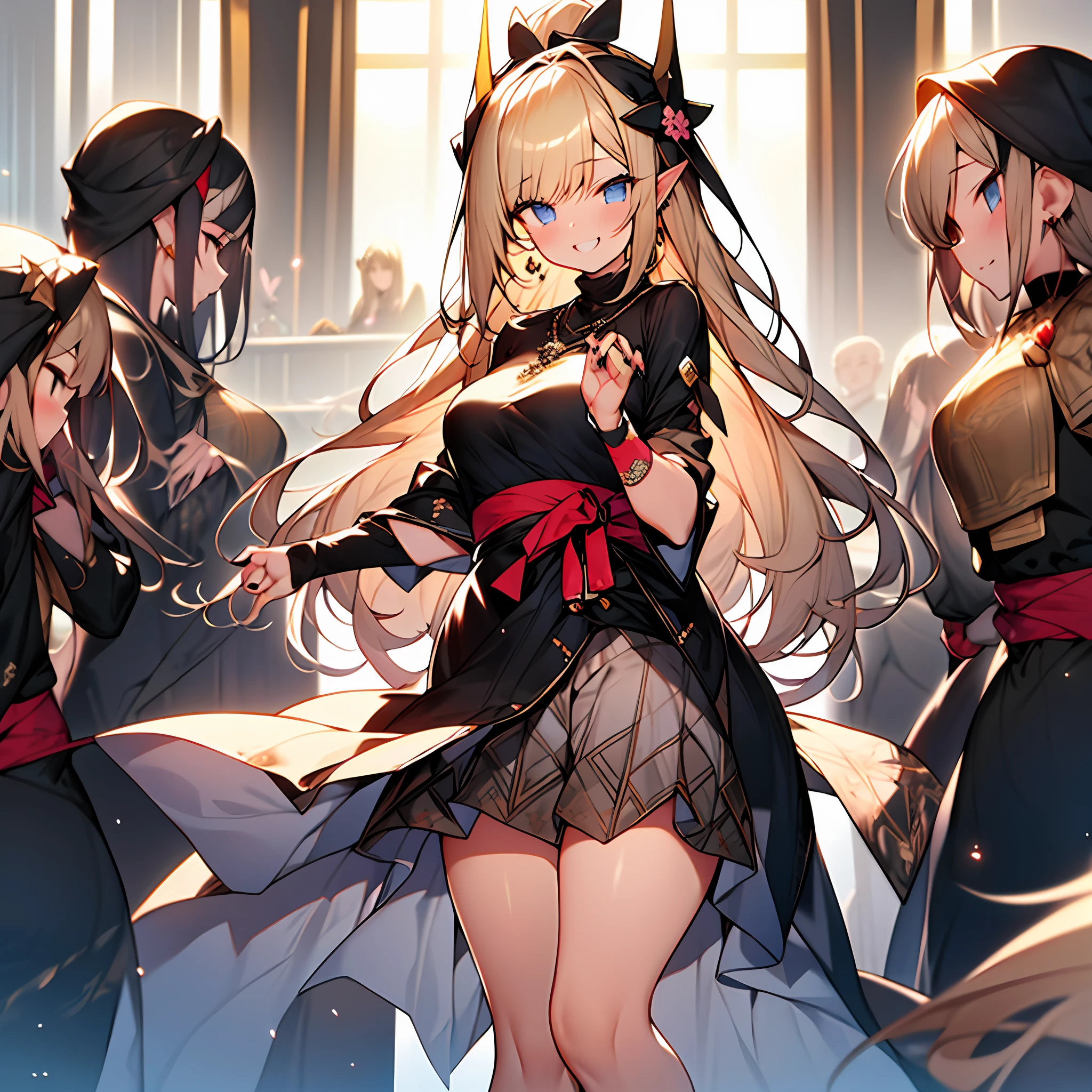 ((Japanese Castle))、solo、elvish、slong hair、long tapered ears、Vertical oval face、Unobtrusive exposure、(FULLBODY)、Wide choker、smile、((Dense embroidery))、Oversized white tunic、(Hold the bow in your right hand)、Jumpy、Undersized breasts、blonde Hair、 Ruddy face、Ruby ornament at center of forehead、Thin and beautiful fingers、Beautiful white nails、Small buttocks、Luxurious and massive jewel necklace、、Velvet dress、cloaks