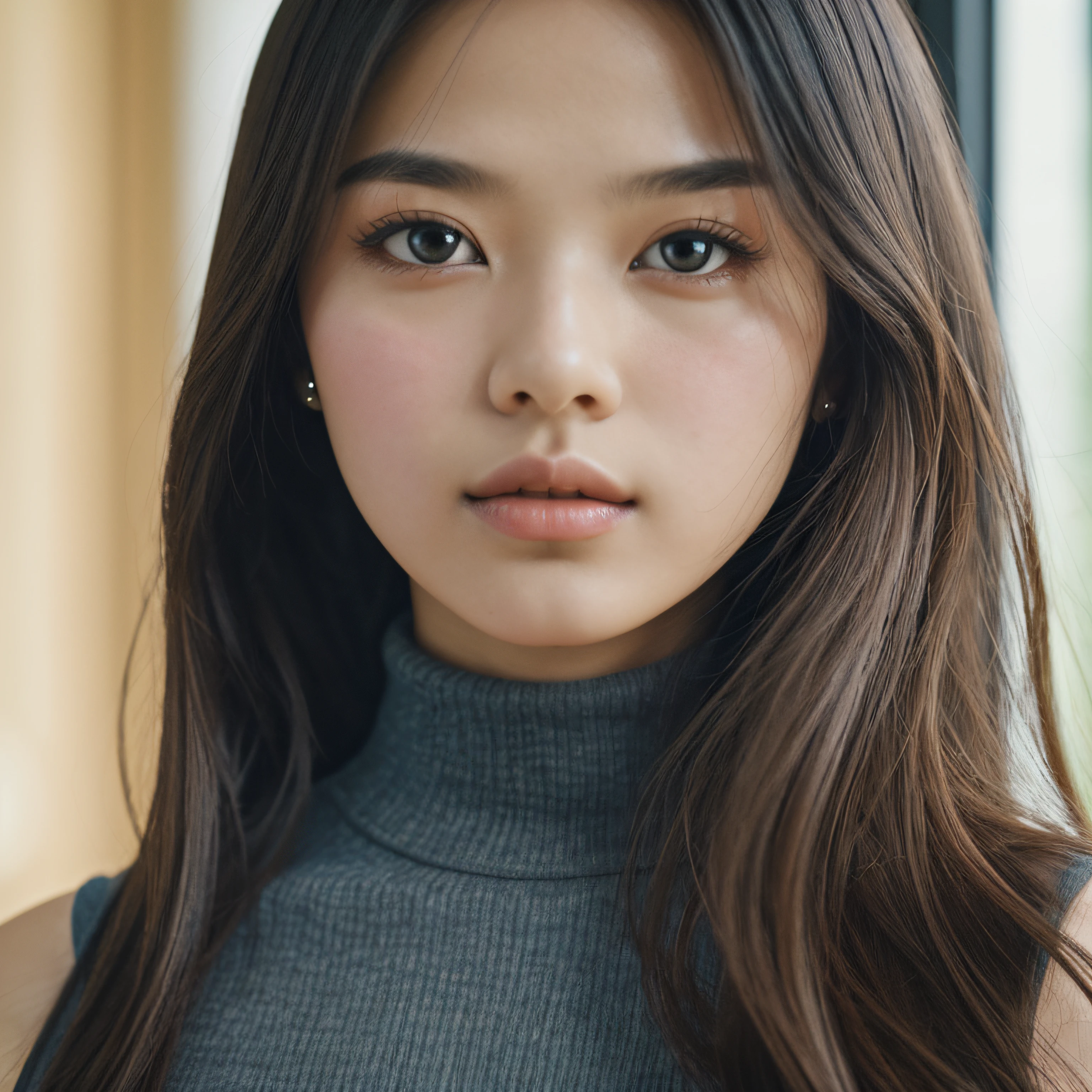 best best quality, extra high resolution, (PhotoRealistic:1.4), master masterpiece, 柯达 Portra 400, filmgrain, Blur background , inside room, 1girl, sleeveless turtleneck, (fullness), ()),large breast cleavage, (Brown long hair:1.3), (looking at the viewers), (the whole body), (Close up of a),The little girl,black pupil --auto