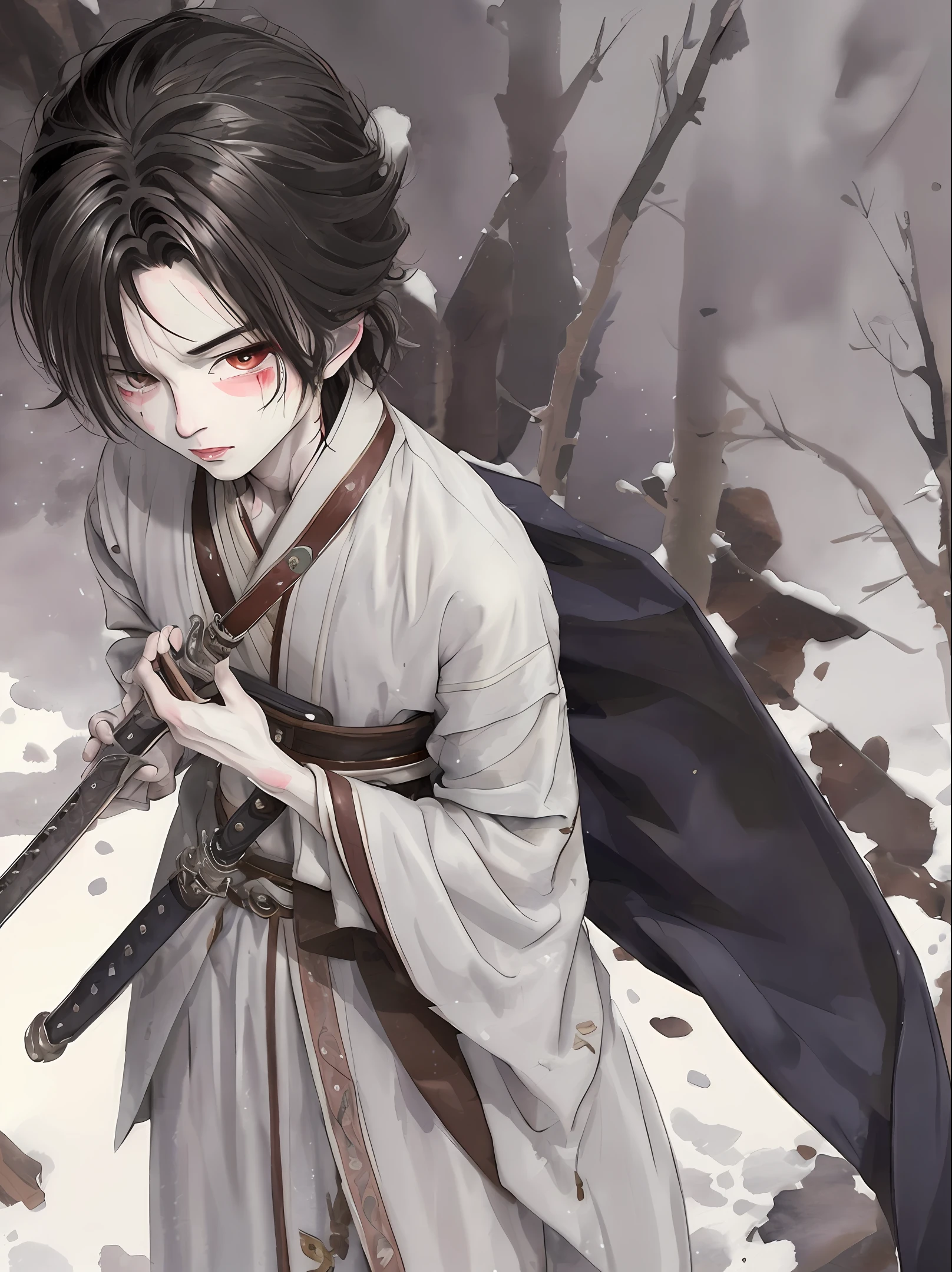Antique style is watercolor，The top of a snowy mountain，A handsome and emaciated young man in Han clothes and white clothes sat on the ground，The clothes were covered in blood，In his left hand he holds a black sword，Eyes looked at the sword and wept