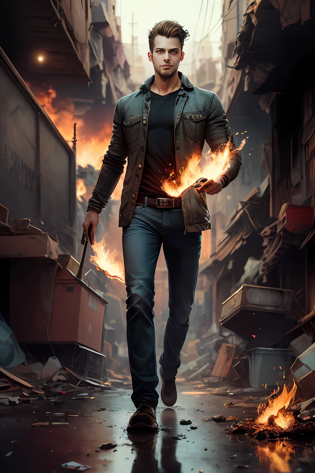 Award-winning photo of young man,sirsean,(PhotoRealistic,PhotoRealistic:1.4),(Sharp focus:1.4),(detective:1.2),(fancy dress:1.1),smirking,(Ultra-fine face and eyes:1.1 ), (album art:1.1), slum cyberpunk, frown, (slum old garage:1.1), (artpunk:1.0), Unique posture, (trigun:1.1), (masterpiece:1.1), best quality, run-down,super high detail,(由 antoine blanchard 和 casey baugh:1.1),(by Zdzislaw Beksinski:0.8),extremelyintricate,Extreme detail,raytraced,reflective,beautiful light up,(Bad lighting:1.1),(High saturation clarity contrast,Deep level,sharp,retouching,Color Graded:1.1),soft lights,Filmic,(High Contrast:1.2),Sharp focus,,Combustion,(Breathing flame),(Explosions),fiery tail,