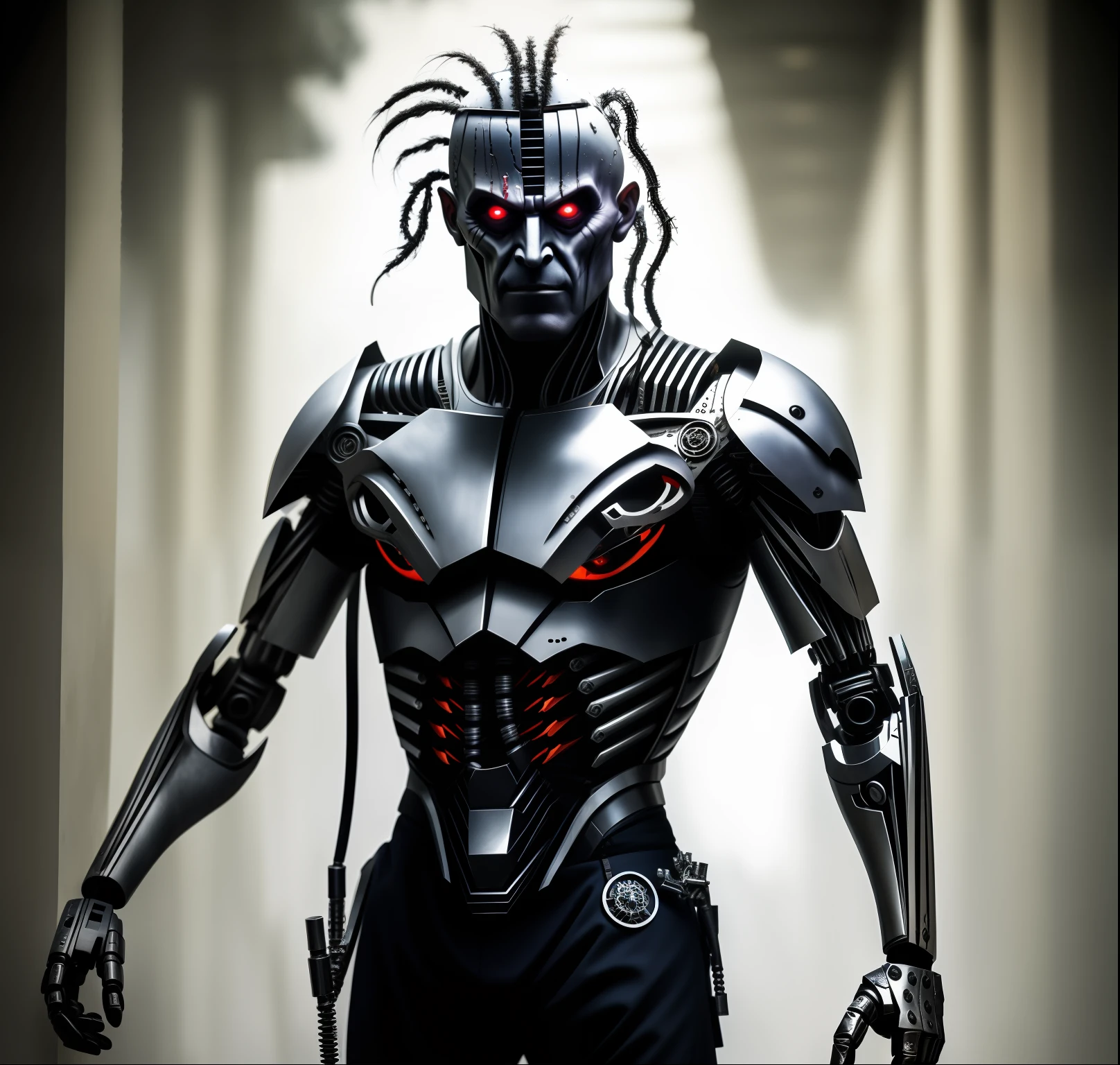 A male villain, diabolical eyes, em um ambiente horripilante, cybernetic clothing, local sombrio, realista, kinematic, 8k, luz ambiente, horror, terror, dynamic, cores reais, surrealismo, Full HD.