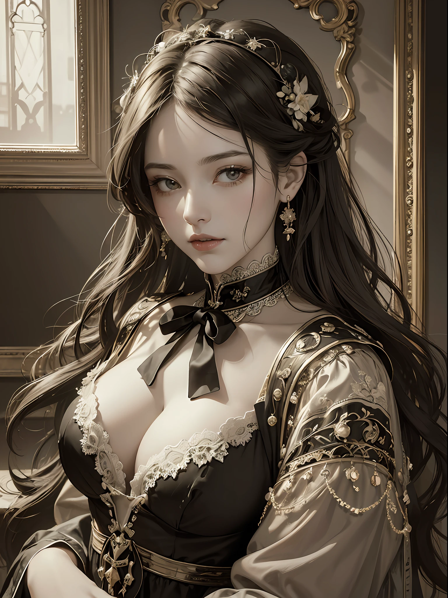 (Pure Color: 0.9), (Color: 1.1), (Masterpiece: 1,2), Top Quality, Masterpiece, High Resolution, Original, Highly Detailed Wallpaper, Beauty, Victorian, Dress, Melancholy, Big Breasts, Sepia Color, 40 years old --auto --s2