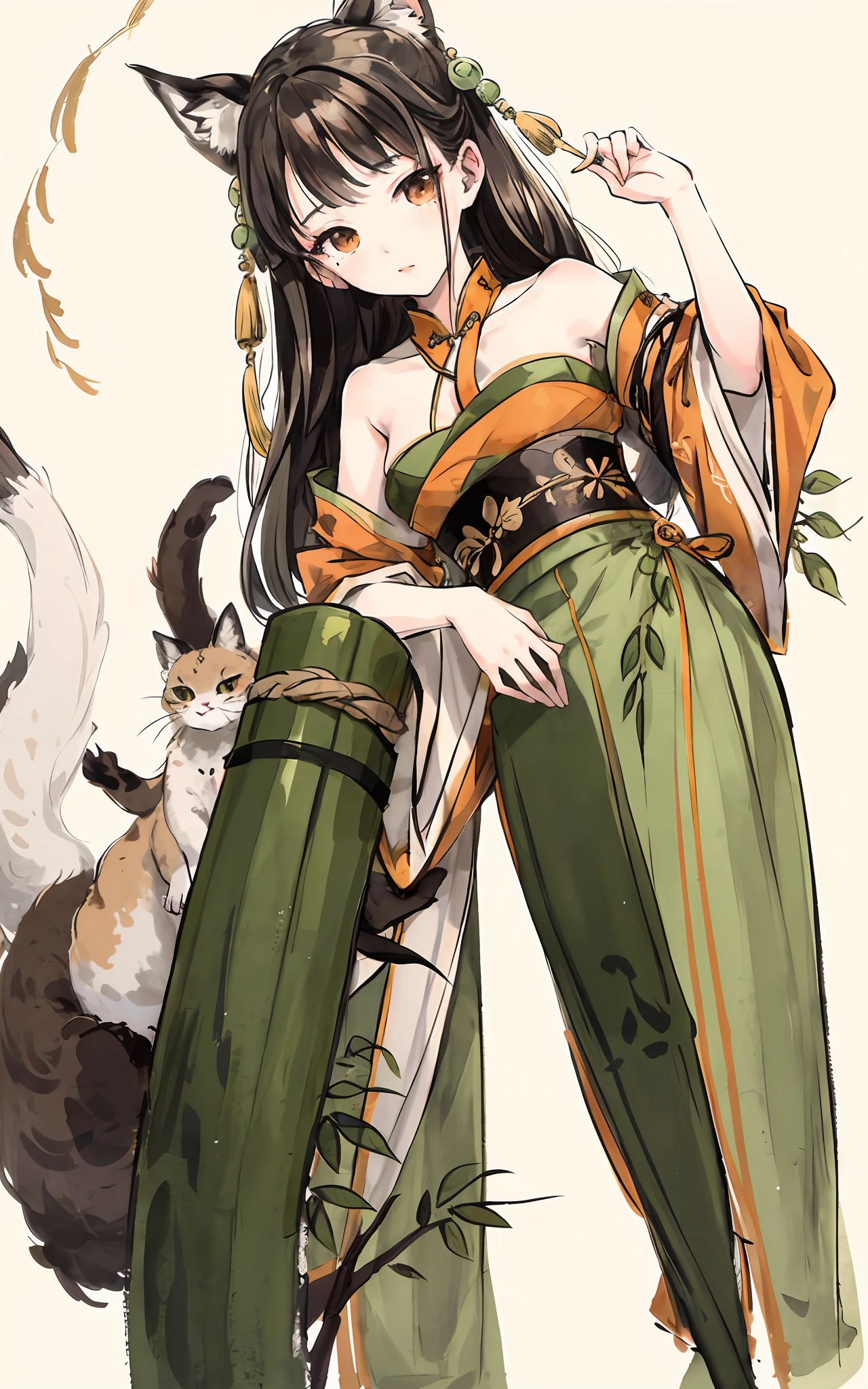 shukezouma, Shuimobysim, ((caracal)), willow branches, (masterpiece, Best Quality: 1.2), ((Traditional Chinese ink painting)), Model Style, Sleeps, bamboo branches, bamboo, wuchangshuo, green, orange, caracal, Russian Cat Slap