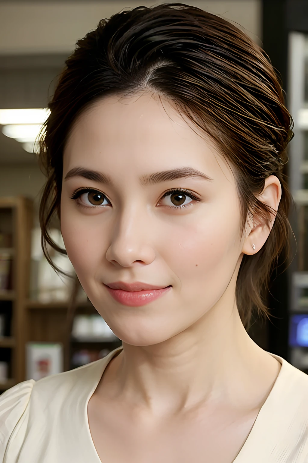 (supermarket:1), afternoon, doctor dressing, light brown fringe short hair, light brown eyes, 1girl, innocent, (photorealistic), (intricate details:1.2),(masterpiece, :1.3),(best quality:1.4), (ultra highres:1.2), ultra high res, (detailed eyes), (detailed facial features), HDR, 8k resolution, (lens flare:0.7), turn around, busy on examine report, face viwer