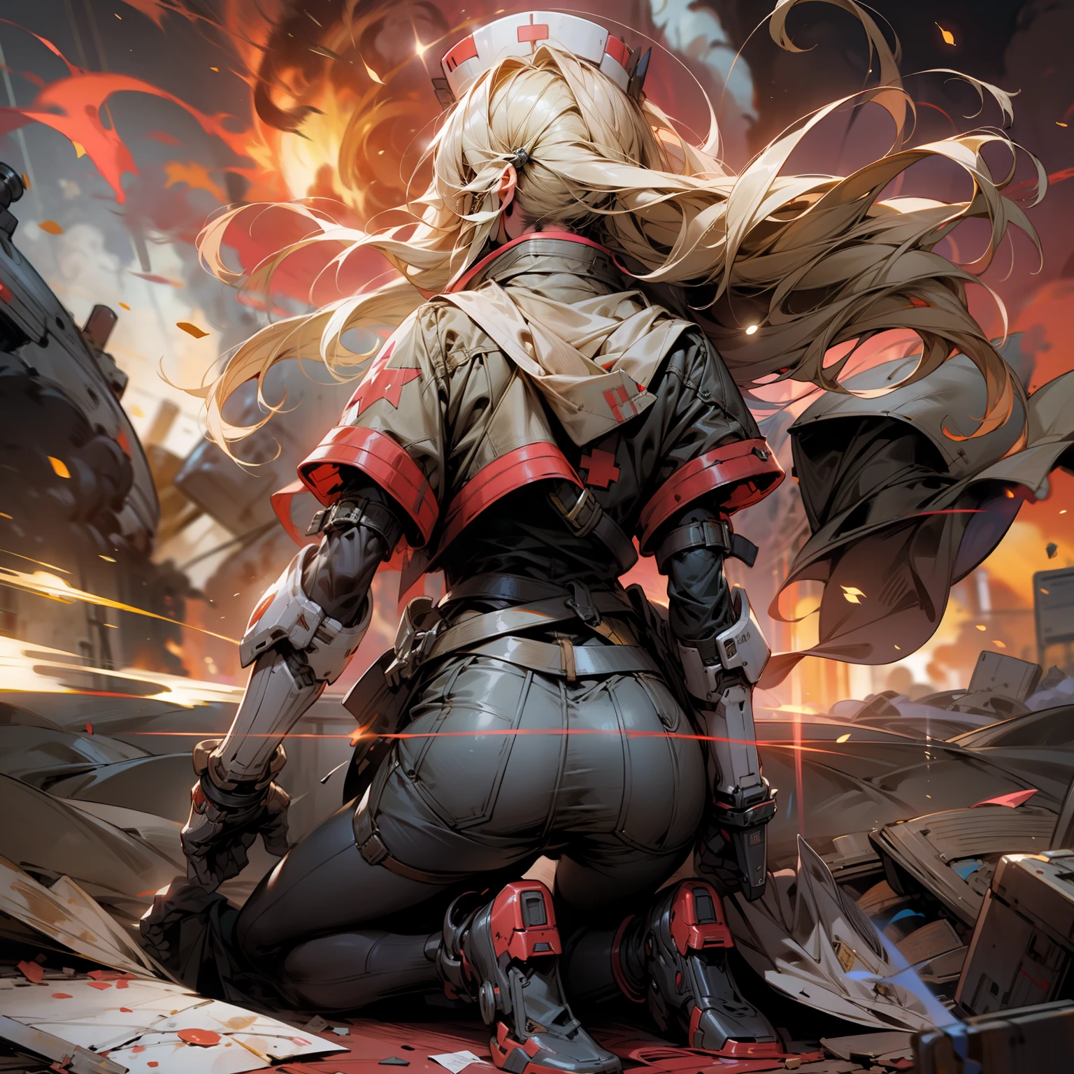 menace, explosions, detailed background, lights, fire