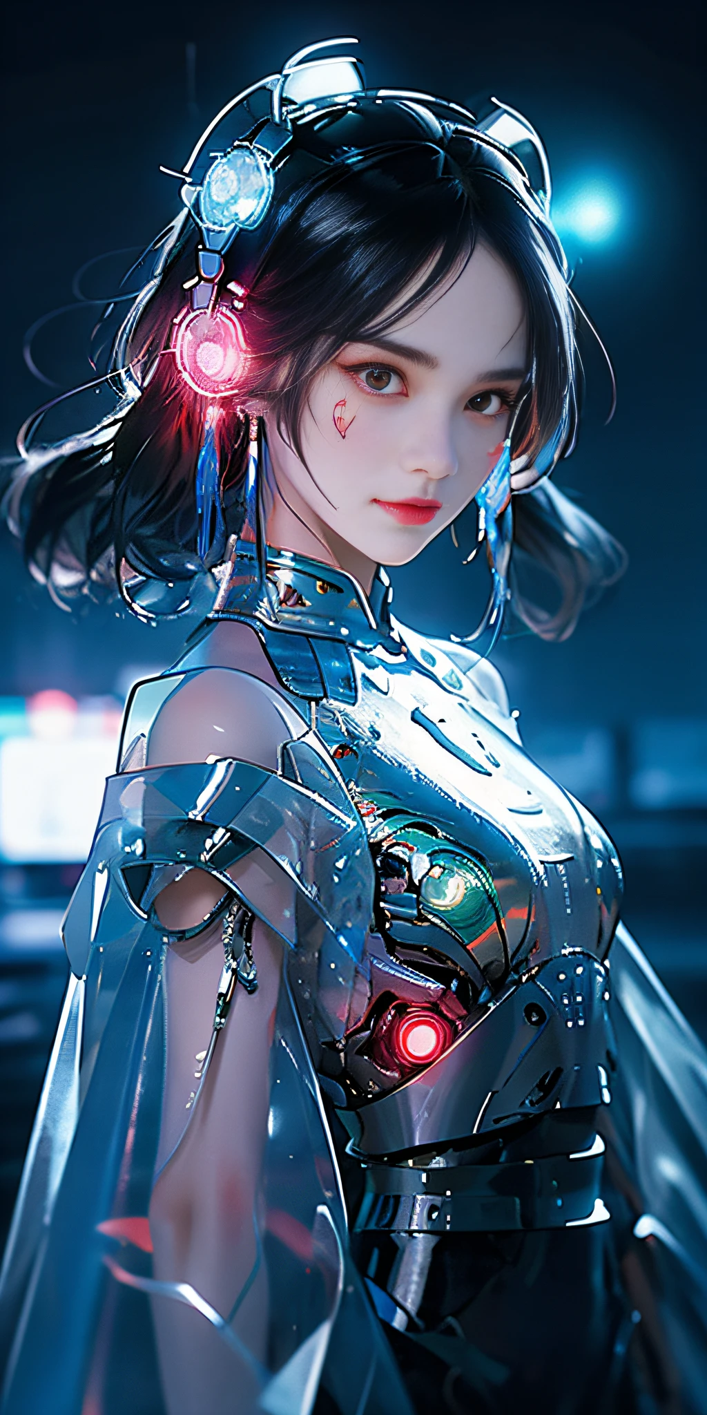 1 girl, Chinese_clothes, liquid silver and orange, cyberhan, cheongsam, cyberpunk city, dynamic pose, detailed luminous headphones, glowing hair accessories, long hair, glowing earrings, glowing necklace, cyberpunk, high-tech city, full of mechanical and futuristic elements, futuristic, technology, glowing neon, orange, orange light, transparent tulle, transparent streamers, laser, digital background urban sky, big moon, with vehicles, best quality, masterpiece, 8K, character edge light, Super high detail, high quality, the most beautiful woman in human beings, micro smile, face facing front and left and right symmetry, ear decoration, beautiful pupils, light effects, visual data, silver white hair, super detail facial texture