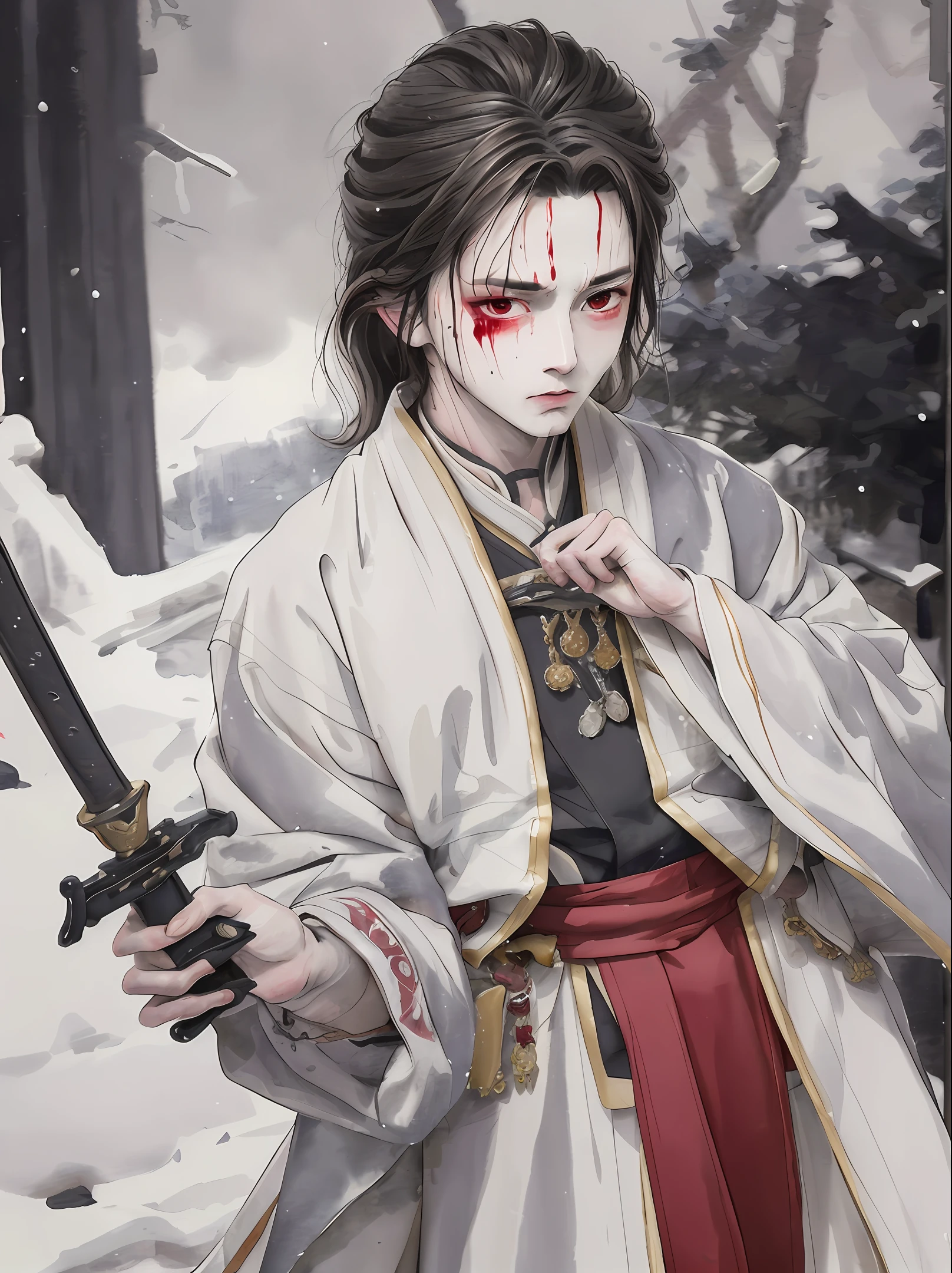 Antique style is watercolor,The top of a snowy mountain,A handsome and emaciated young man in Han clothes and white clothes sat on the ground,The clothes were covered in blood,In his left hand he holds a black sword,Eyes looked at the sword and wept